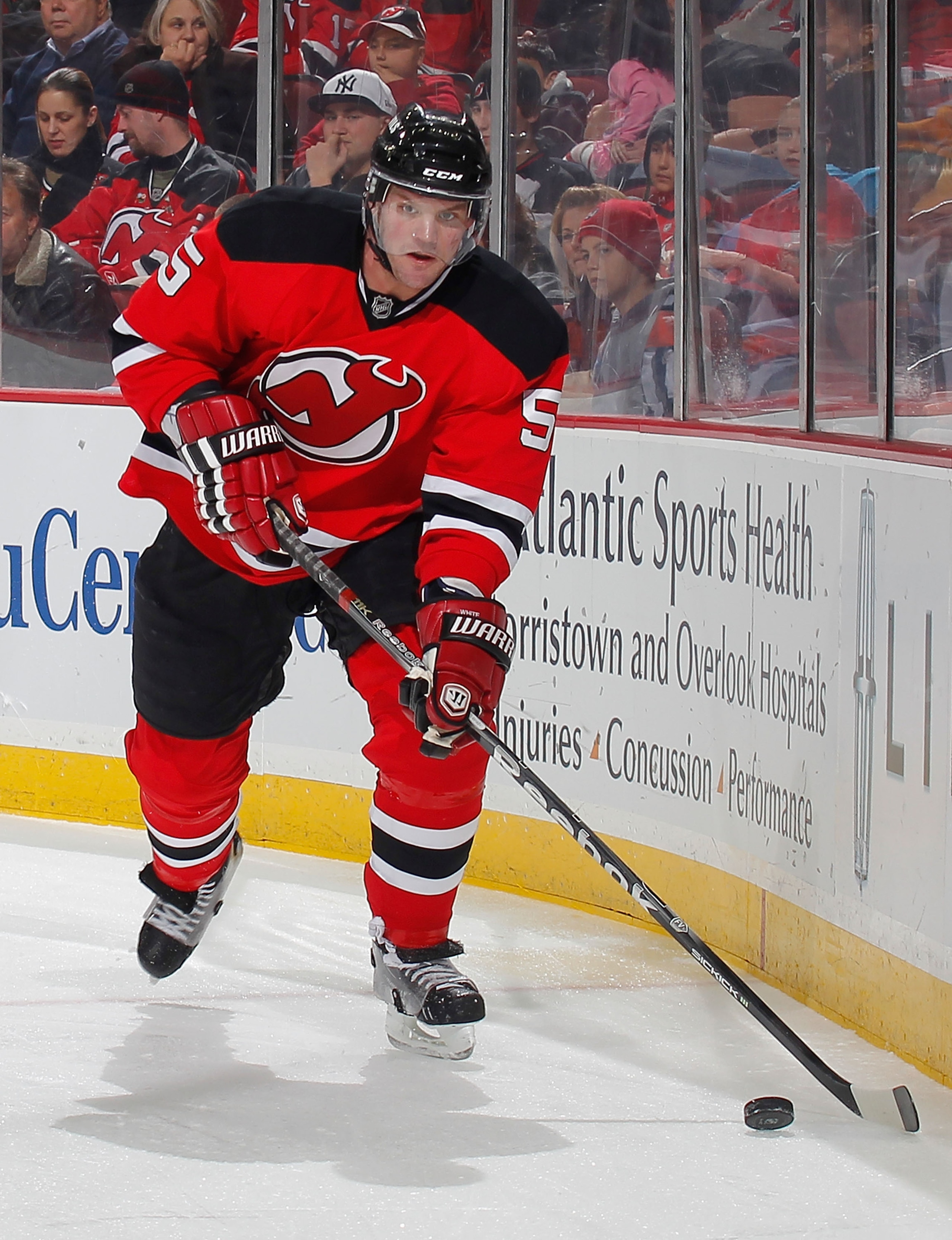 NEWARK, NJ - FEBRUARY 11: Colin White #5 of the New Jersey Devils skates during an NHL hockey game aagainst the San Jose Sharks on February 11, 2011 at the Prudential Center in Newark, New Jersey. (Photo by Paul Bereswill/Getty Images)