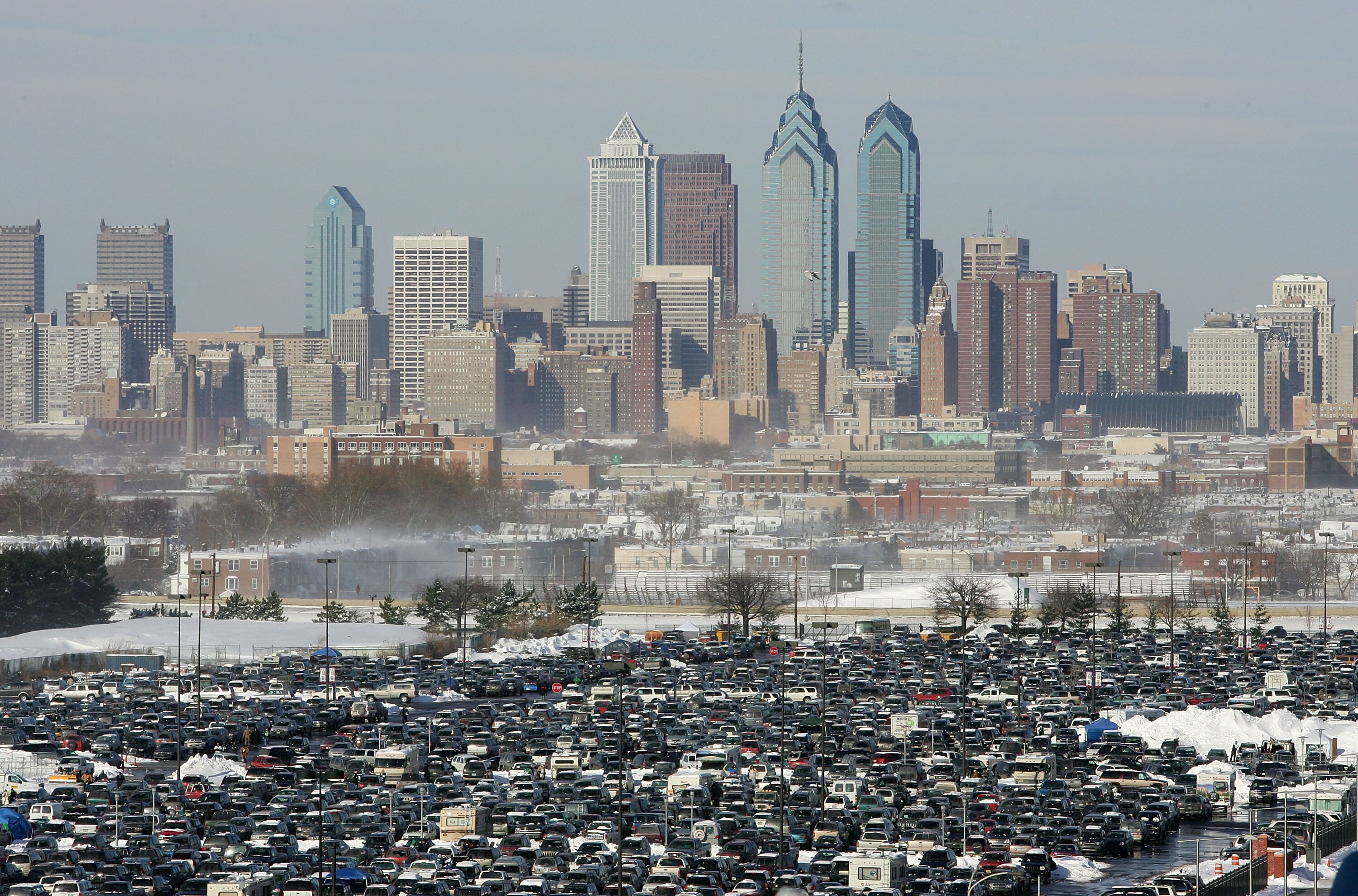 PHILADELPHIA - JANUARY 23:  Parked cars are shown outside of the stadium with the downtown Philadelphia skyline in the background before the start of the NFC Championship game between the Atlanta Falcons and the Philadelphia Eagles at Lincoln Financial Fi
