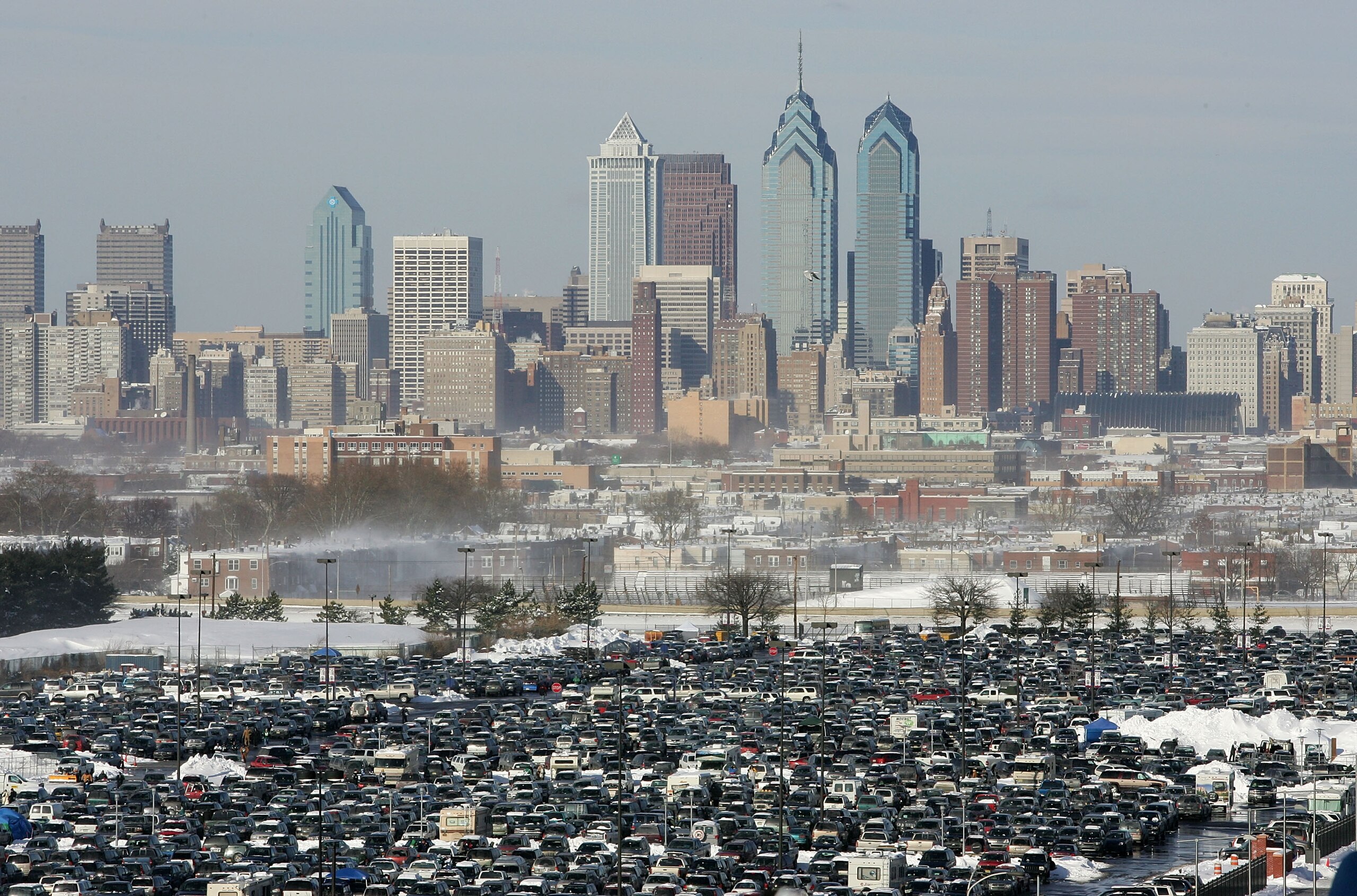 PHILADELPHIA - JANUARY 23:  Parked cars are shown outside of the stadium with the downtown Philadelphia skyline in the background before the start of the NFC Championship game between the Atlanta Falcons and the Philadelphia Eagles at Lincoln Financial Fi