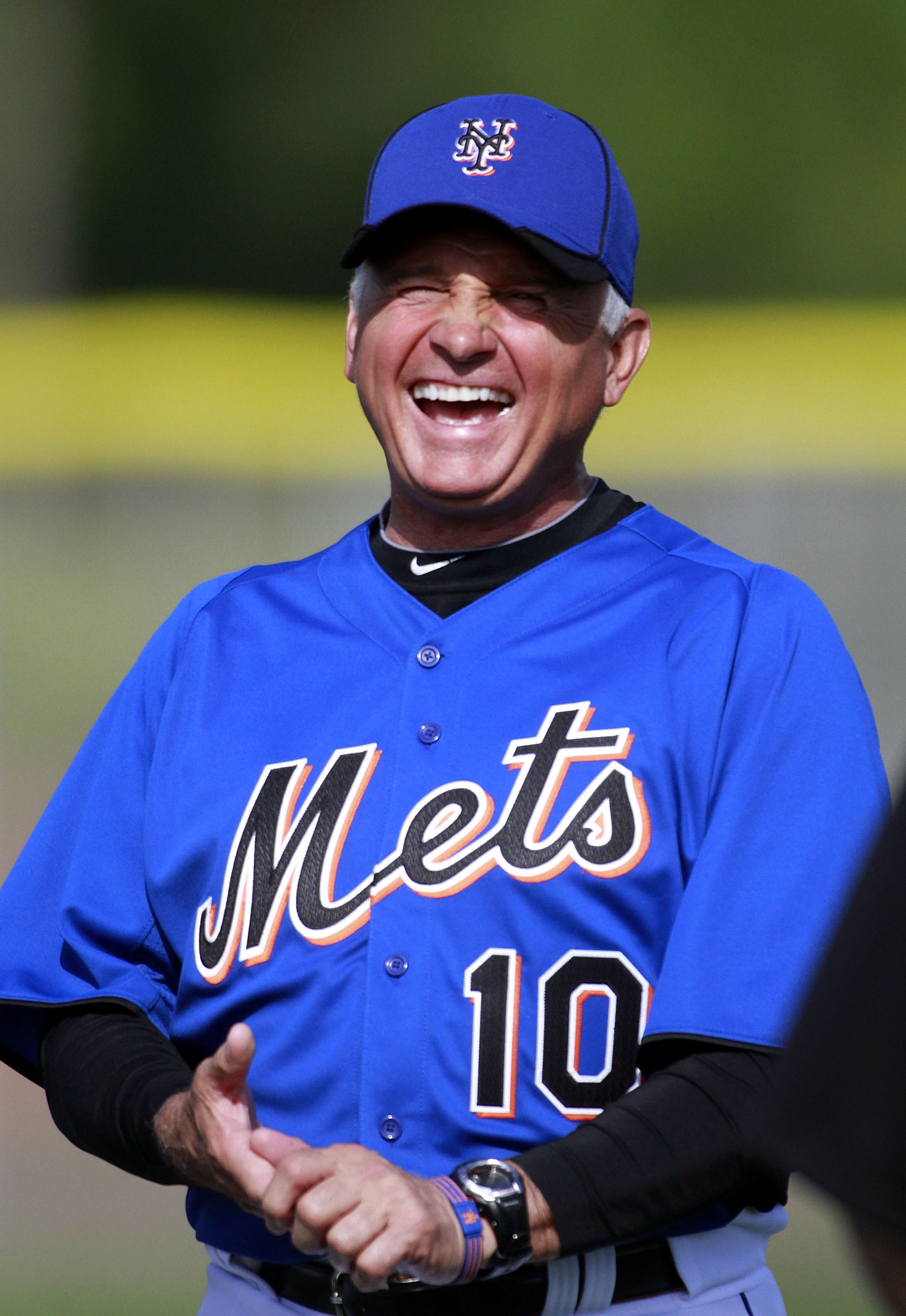 PORT ST. LUCIE, FL - FEBRUARY 17:  Manager Terry Collins #10 of the New York Mets laughs during spring training at Tradition Field on February 17, 2011 in Port St. Lucie, Florida.  (Photo by Marc Serota/Getty Images)