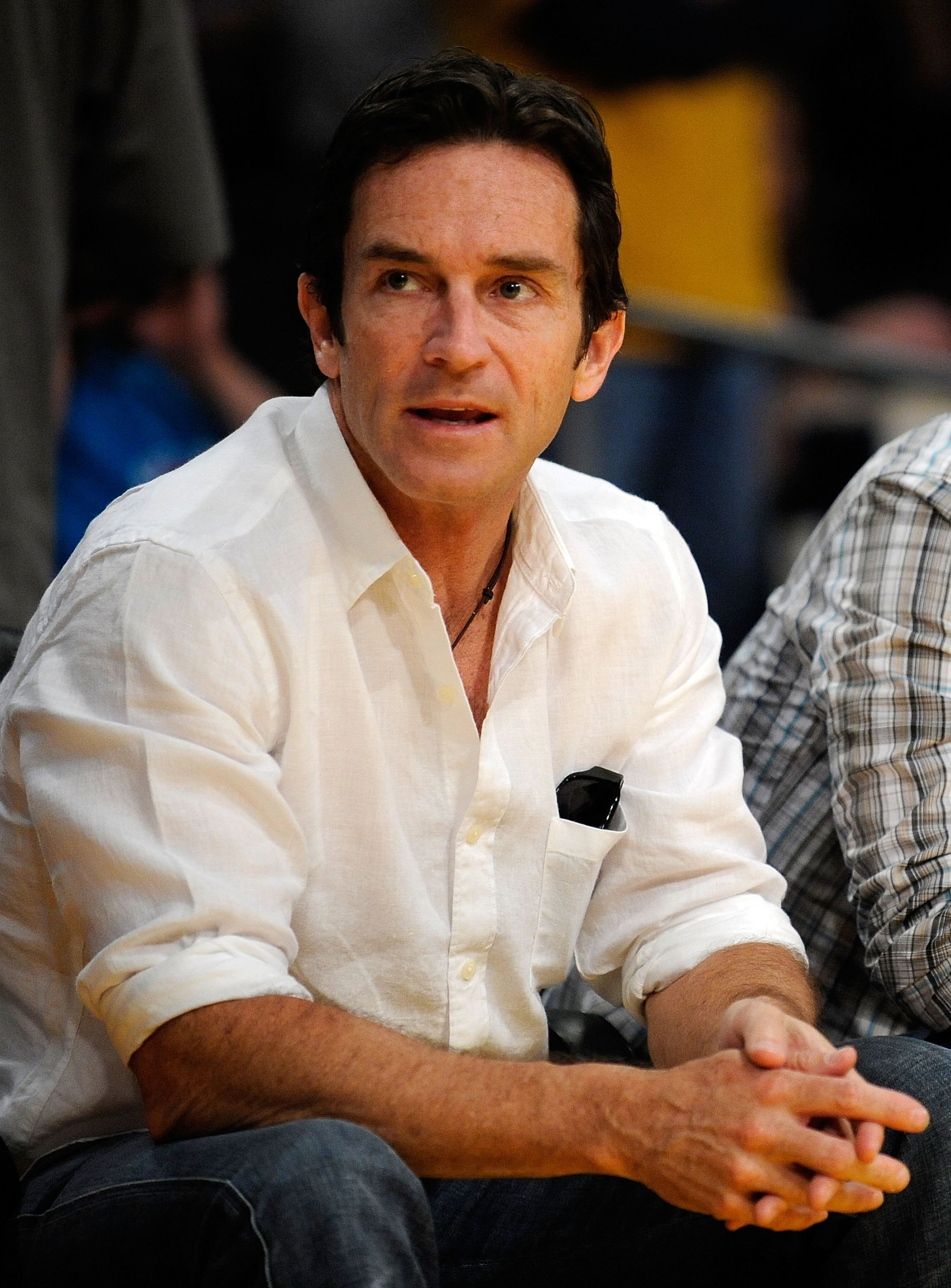 LOS ANGELES, CA - APRIL 19:  TV personality Jeff Probst looks on from his courtside seat during the Los Angeles Lakers and Utah Jazz Game One of the Western Conference Quarterfinals during the 2009 NBA Playoffs at Staples Center on April 19, 2009 in Los A