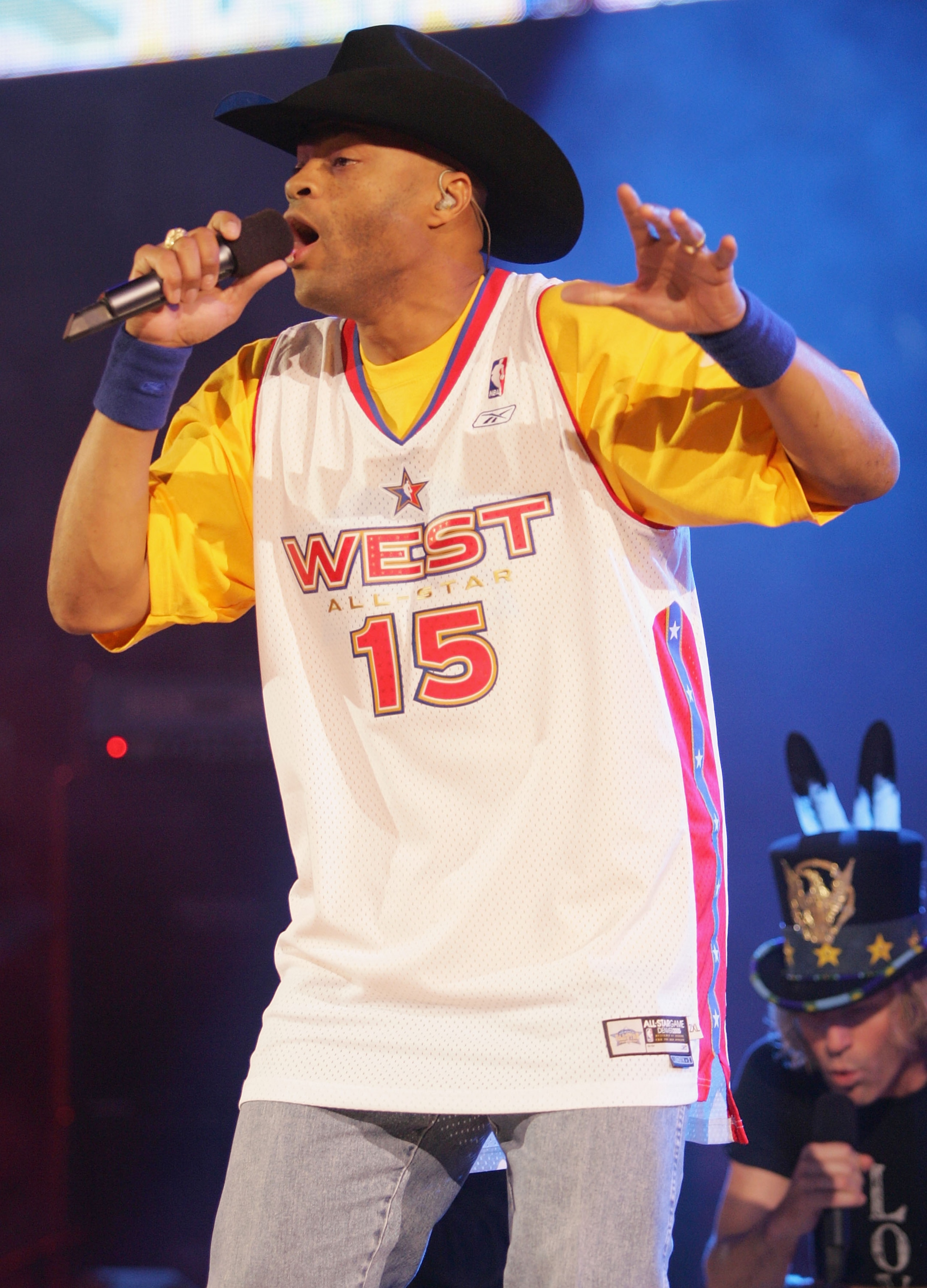 DENVER - FEBRUARY 20:  Cowboy Troy of Big and Rich performs at the 2005 NBA All Star Game at the Pepsi Center on February 20, 2005 in Denver, Colorado.  (Photo by Frank Micelotta/Getty Images)