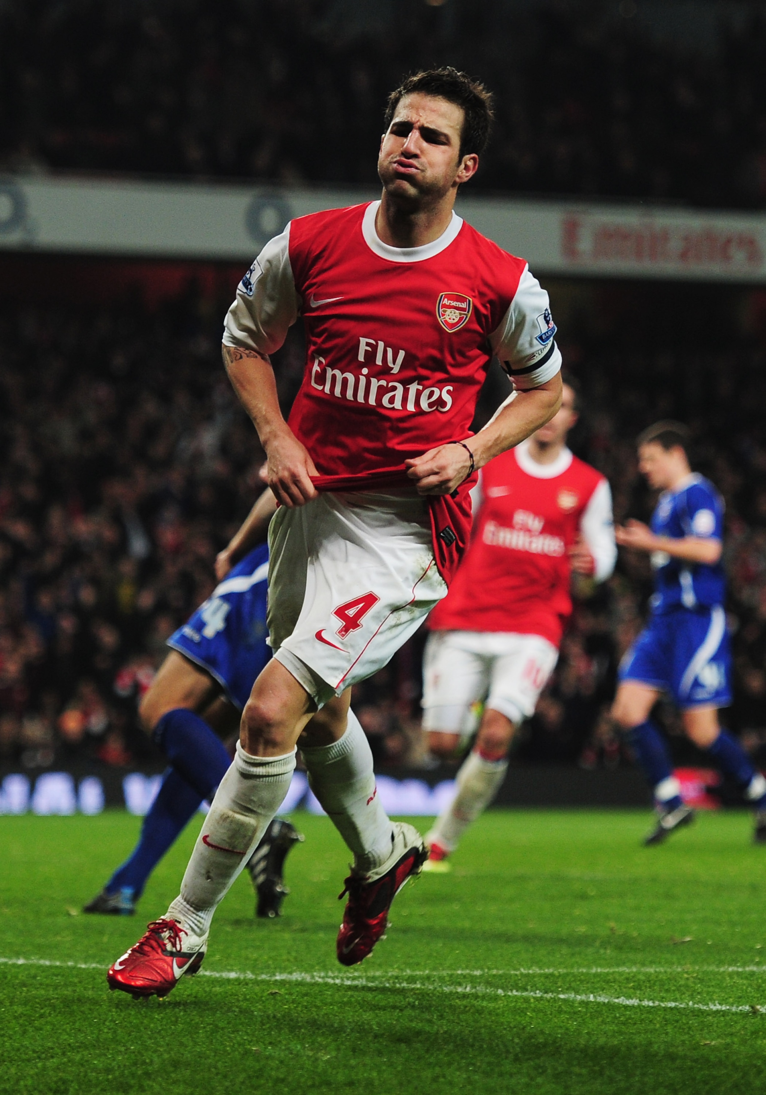 LONDON, ENGLAND - JANUARY 25:  Cesc Fabregas of Arsenal celebrates as he scores their third goal during the Carling Cup Semi Final Second Leg match between Arsenal and Ipswich Town at Emirates Stadium on January 25, 2011 in London, England.  (Photo by Sha