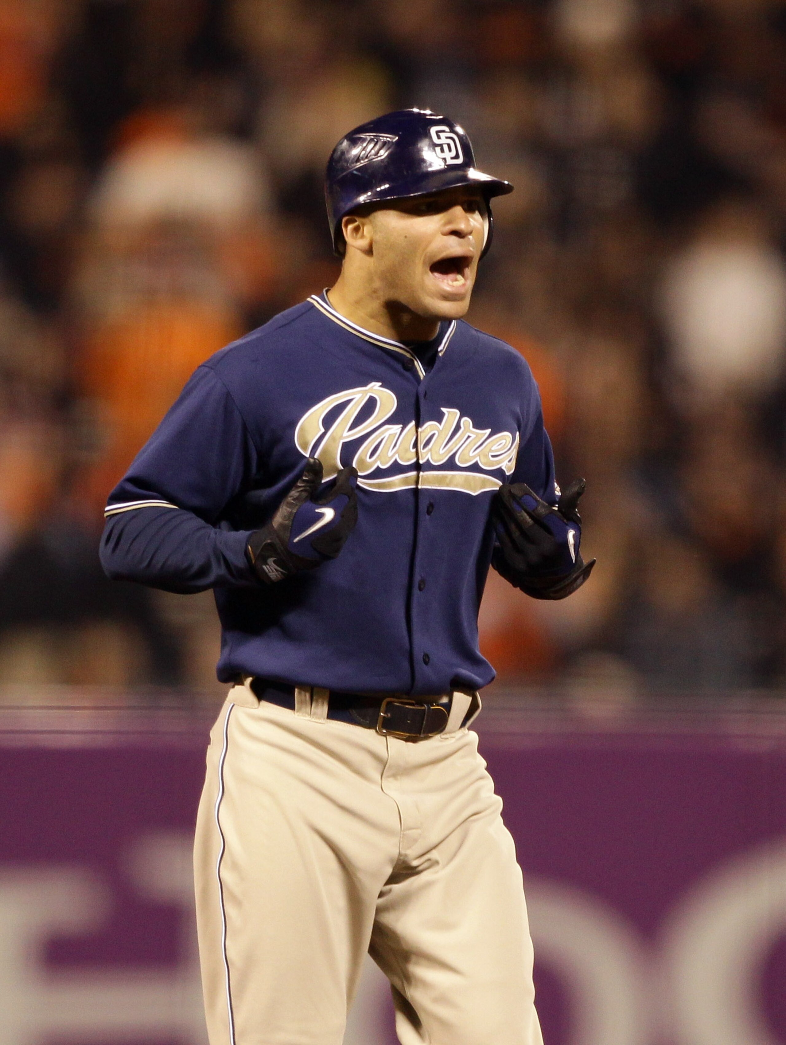 SAN FRANCISCO - AUGUST 13: Scott Hairston #12 of the San Diego Padres reacts after being called out in a fielders choice against the San Francisco Giants in the fourth inning at AT&T Park on August 13, 2010 in San Francisco, California. (Photo by Ezra S SAN FRANCISCO - AUGUST 13: Scott Hairston #12 of the San Diego Padres reacts after being called out in a fielders choice against the San Francisco Giants in the fourth inning at AT&T Park on August 13, 2010 in San Francisco, California. (Photo by Ezra S