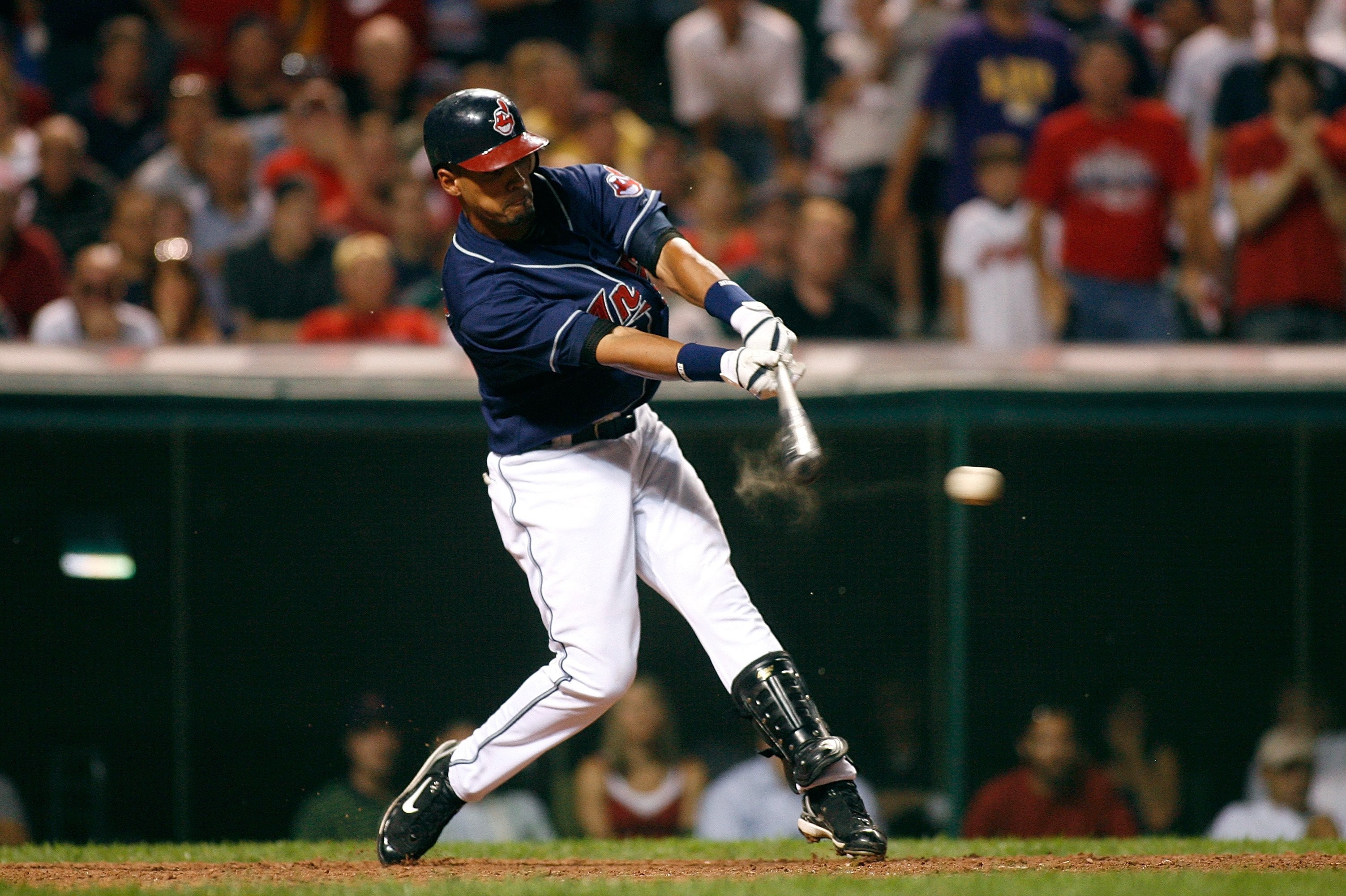 CLEVELAND - OCTOBER 05:  Franklin Gutierrez #38 of the Cleveland Indians hits a single in the bottom of the 11th inning against the New York Yankees during Game Two of the American League Divisional Series at Jacobs Field on October 5, 2007 in Cleveland,