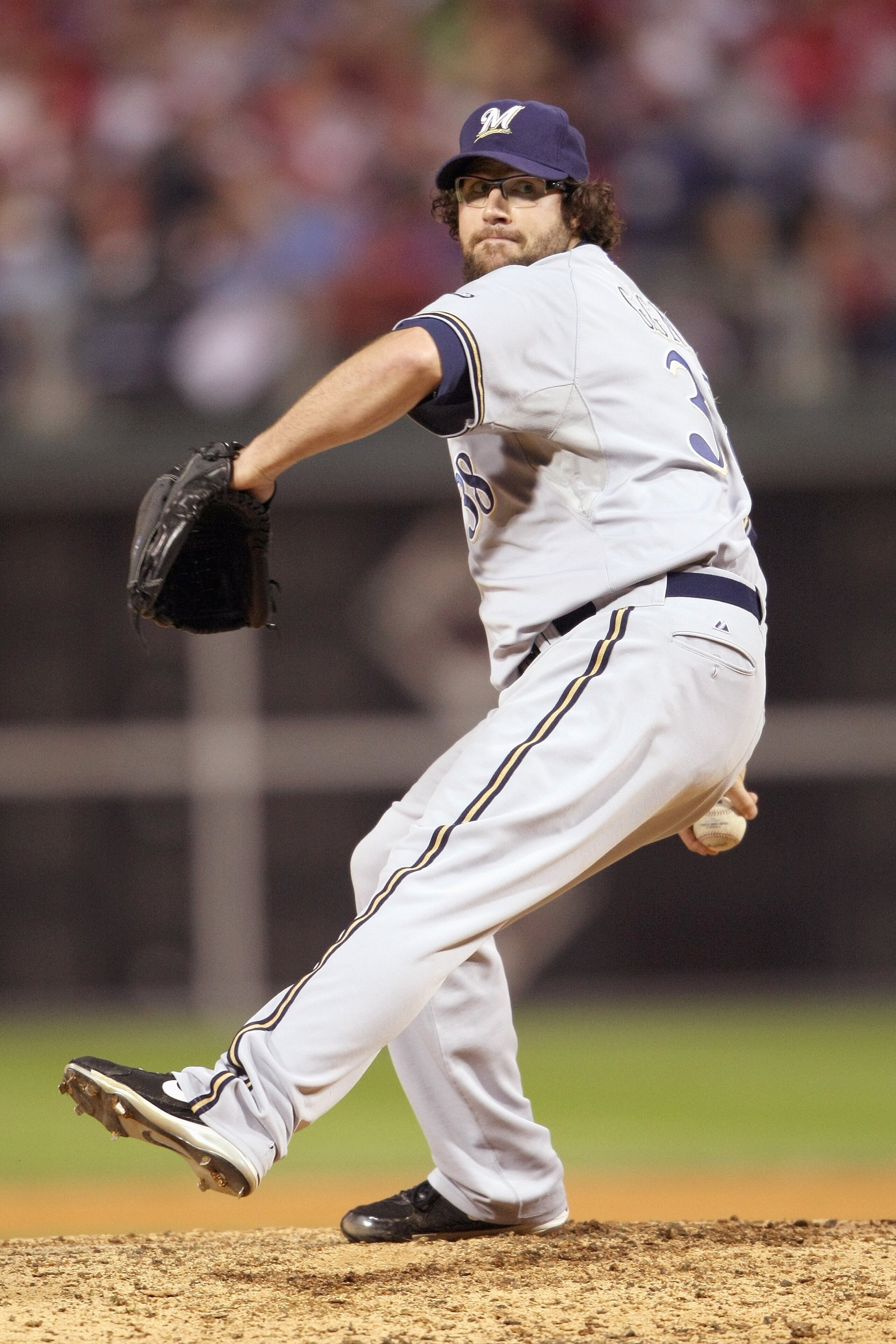 PHILADELPHIA - OCTOBER 2:  Eric Gagne #38 of the Milwaukee Brewers pitches against the Philadelphia Phillies during Game 2 of the NLDS Playoffs at Citizens Bank Ballpark on October 2, 2008 in Philadelphia, Pennsylvania. (Photo by: Nick Laham/Getty Images)