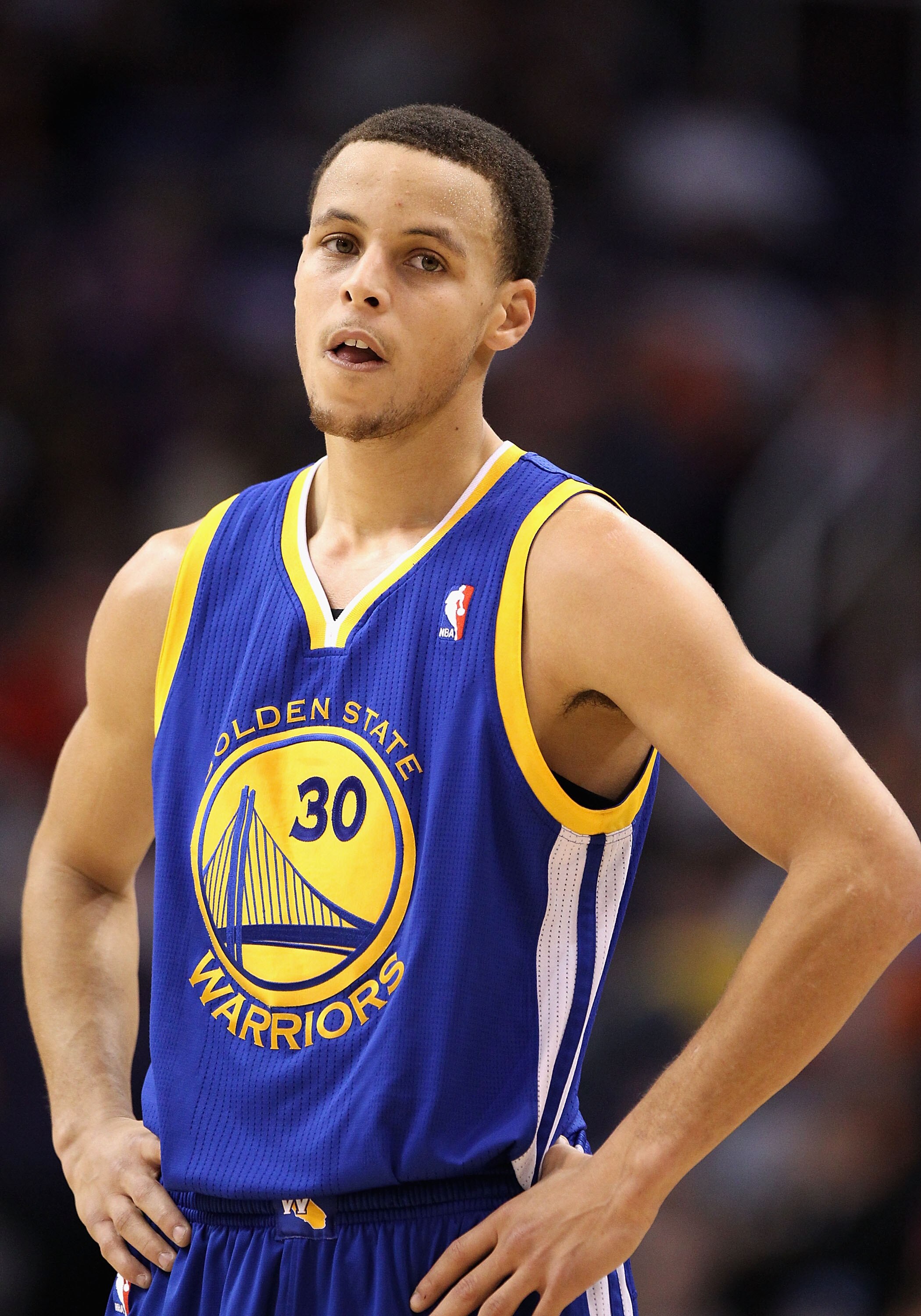 PHOENIX, AZ - FEBRUARY 10:  Stephen Curry #30  the Golden State Warriors reacts during the NBA game against the Phoenix Suns at US Airways Center on February 10, 2011 in Phoenix, Arizona.  The Suns defeated the Warriors 112-88. NOTE TO USER: User expressl