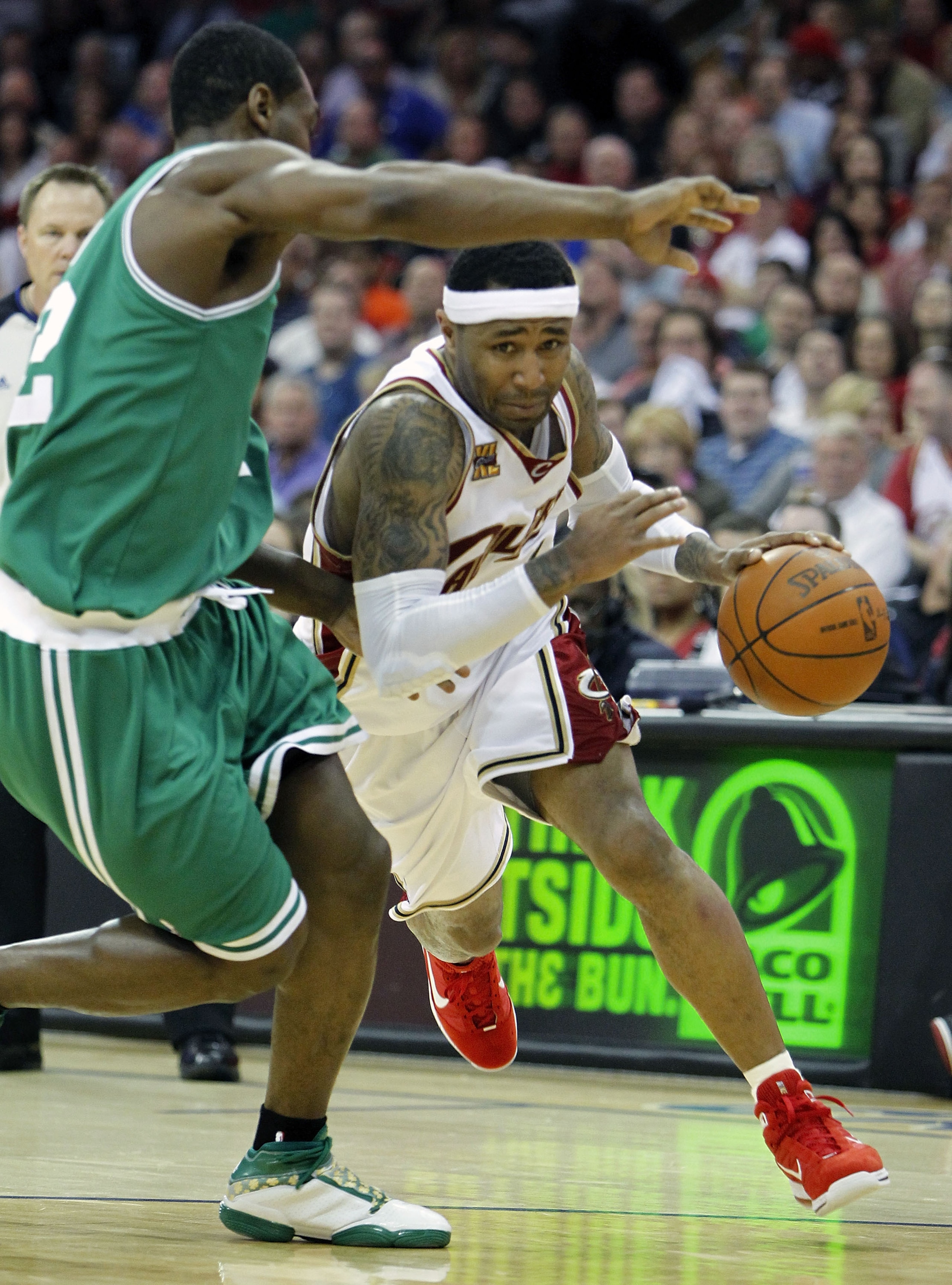 CLEVELAND - MAY 01: Mo Williams #2 of the Cleveland Cavaliers drives around Tony Allen #42 of the Boston Celtics during Game One of the Eastern Conference Semifinals during the 2010 NBA Playoffs at Quicken Loans Arena on May 1, 2010 in Cleveland, Ohio. C CLEVELAND - MAY 01: Mo Williams #2 of the Cleveland Cavaliers drives around Tony Allen #42 of the Boston Celtics during Game One of the Eastern Conference Semifinals during the 2010 NBA Playoffs at Quicken Loans Arena on May 1, 2010 in Cleveland, Ohio. C