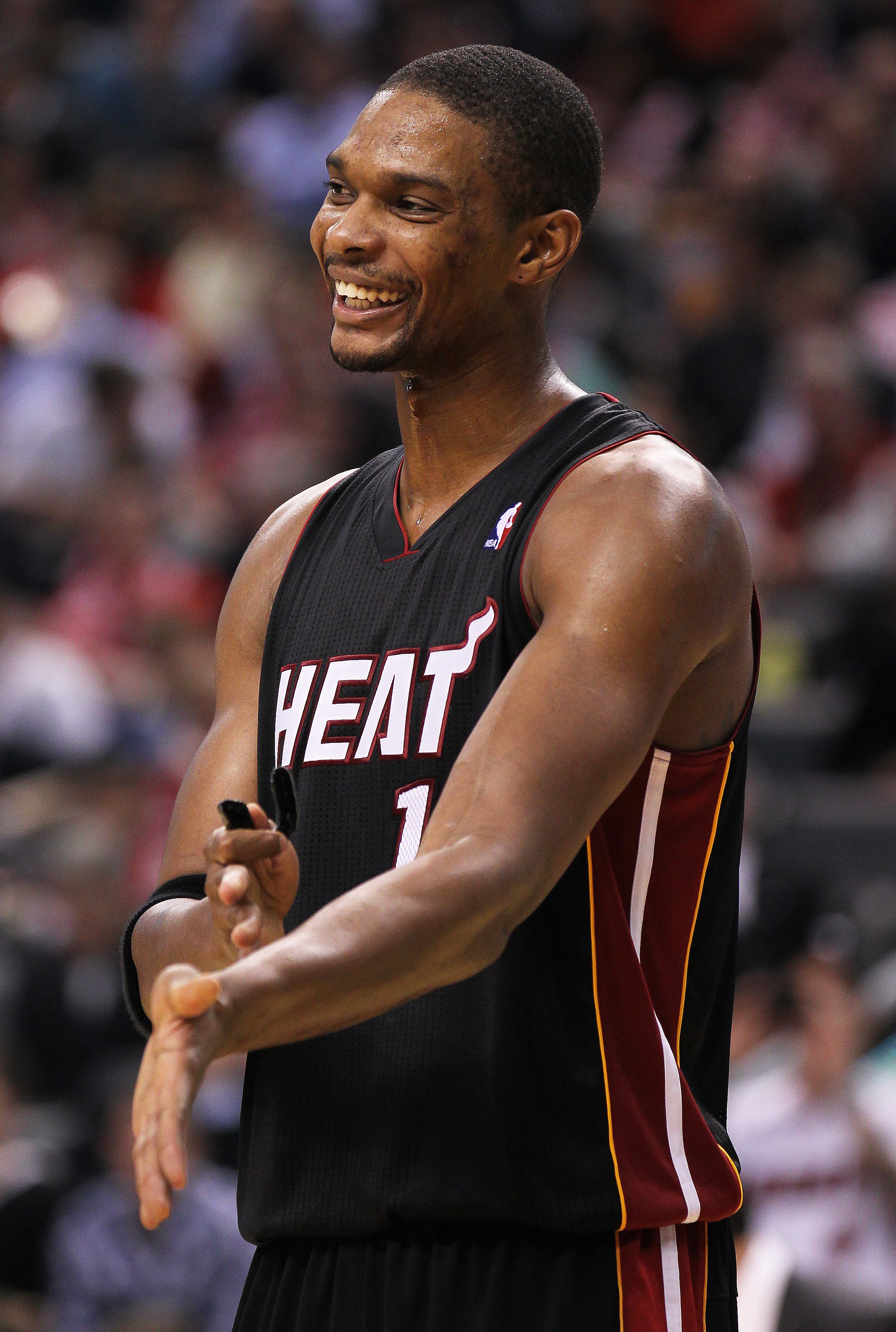 TORONTO, CAN - FEBRUARY 16:  Chris Bosh #1 of the Miami Heat questions a call in a game against the Toronto Raptors on February 16, 2011 at the Air Canada Centre in Toronto, Canada. The Heat defeated the Raptors 103-95. (Photo by Claus Andersen/Getty Imag
