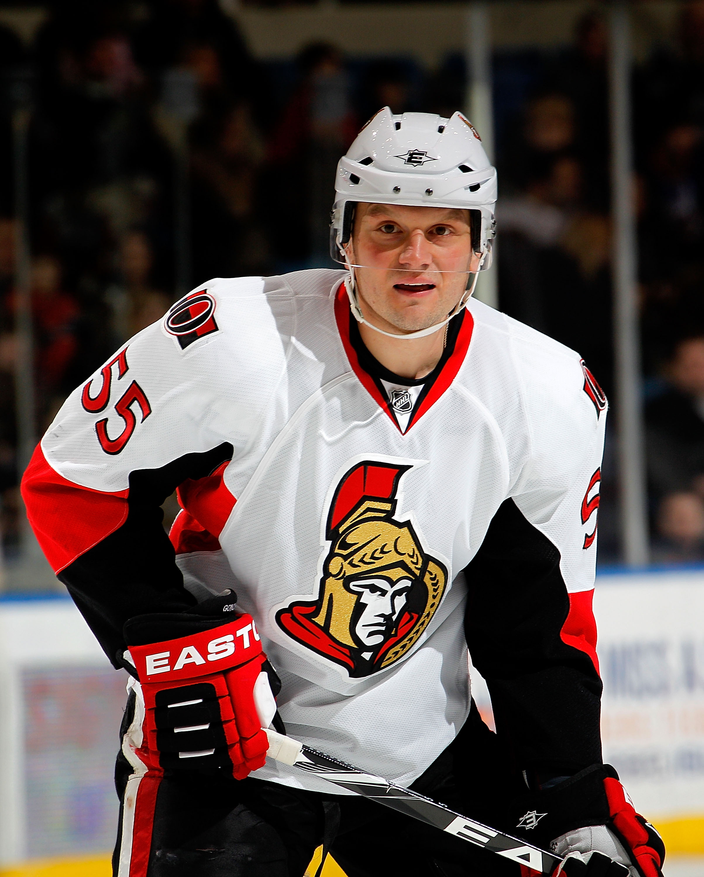 UNIONDALE, NY - FEBRUARY 05: Sergei Gonchar #55 of the Ottawa Senators waits for a faceoff during an NHL hockey game against the New York Islanders at Nassau Coliseum on February 5, 2011 in Uniondale, New York. (Photo by Paul Bereswill/Getty Images)