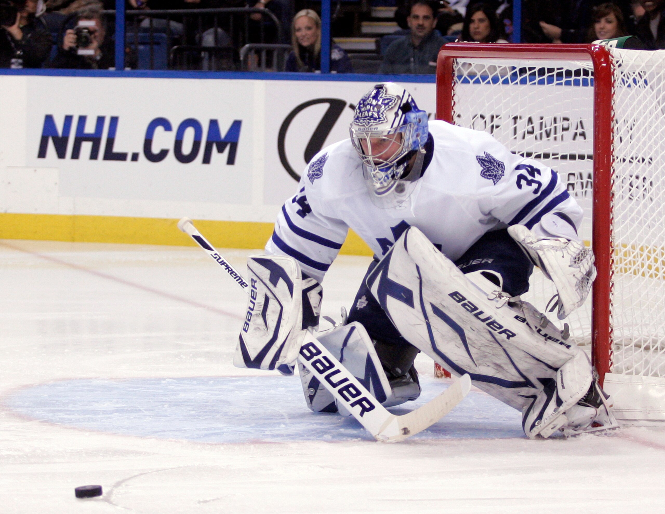 TAMPA, FL - JANUARY 25: James Reimer #34 of the Toronto Maple Leafs protects the net against the Tampa Bay Lightning at St. Pete Times Forum on January 25, 2011 in Tampa, Florida. The Lightning defeated the Leafs 2-0. (Photo by Justin K. Aller/Getty Image