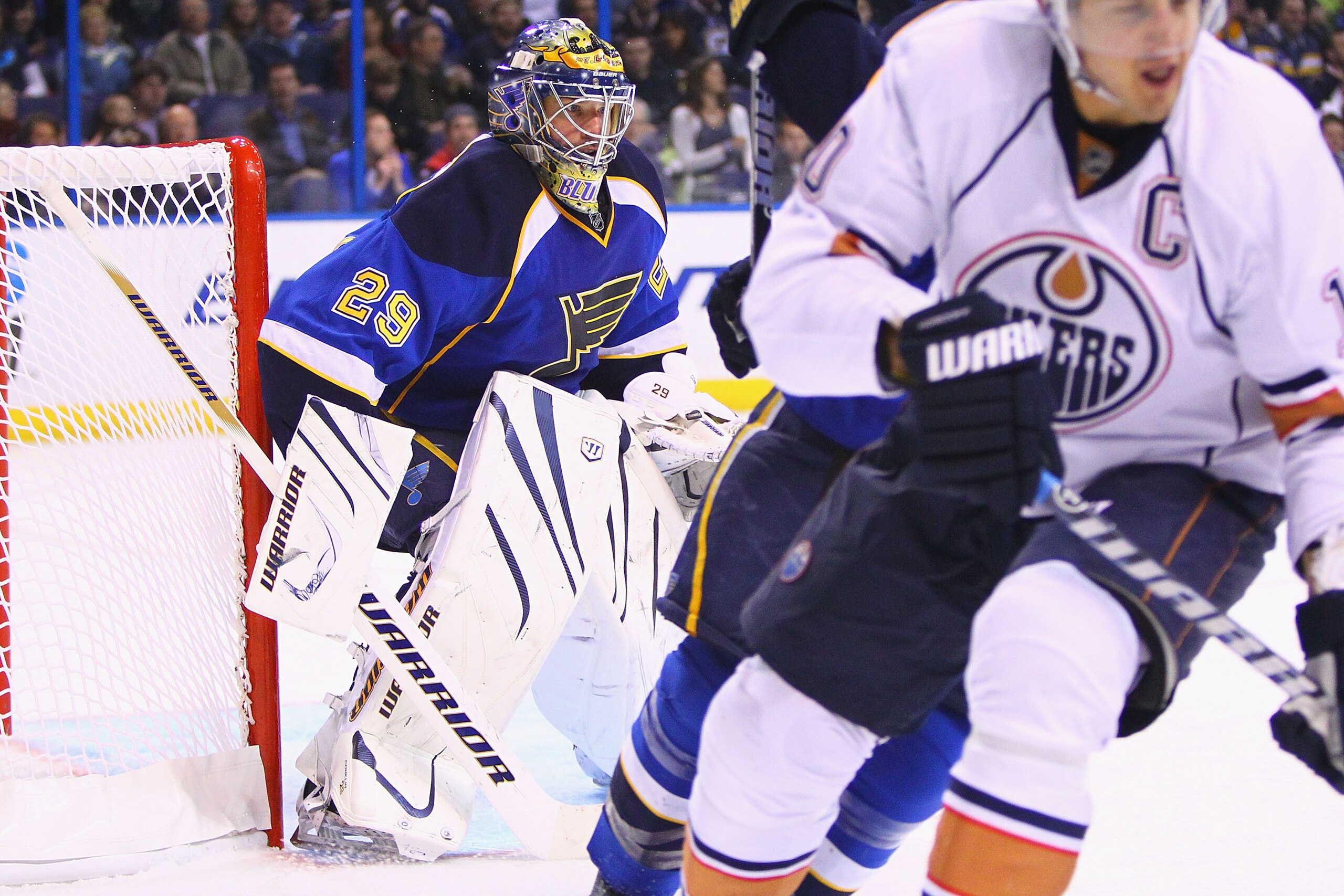 ST. LOUIS, MO - FEBRUARY 4: Ty Conklin #29 of the St. Louis Blues looks to make a save against the Edmonton Oilers at the Scottrade Center on February 4, 2011 in St. Louis, Missouri.  (Photo by Dilip Vishwanat/Getty Images)