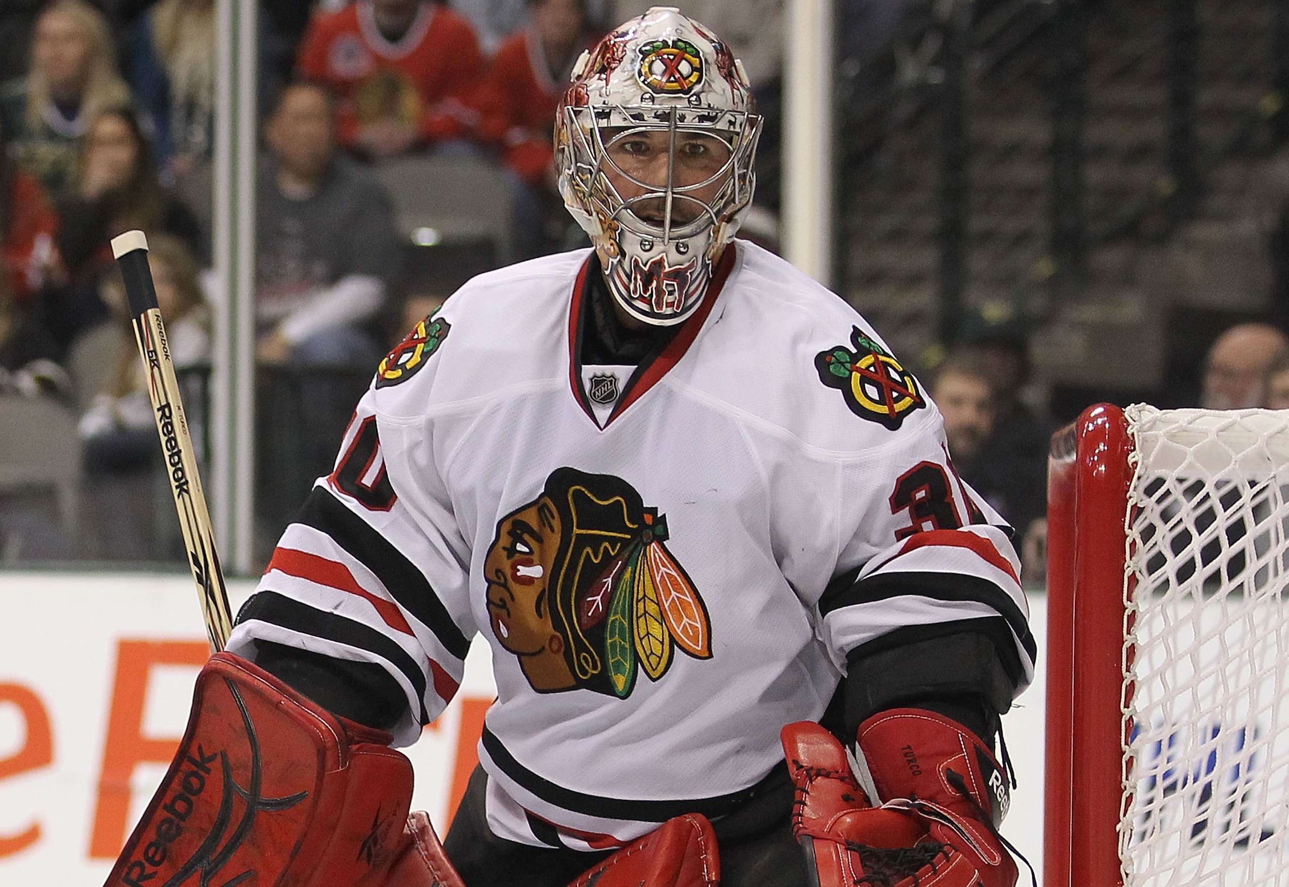 DALLAS, TX - FEBRUARY 11:  Goaltender Marty Turco #30 of the Chicago Blackhawks in goal against the Dallas Stas at American Airlines Center on February 11, 2011 in Dallas, Texas.  (Photo by Ronald Martinez/Getty Images)