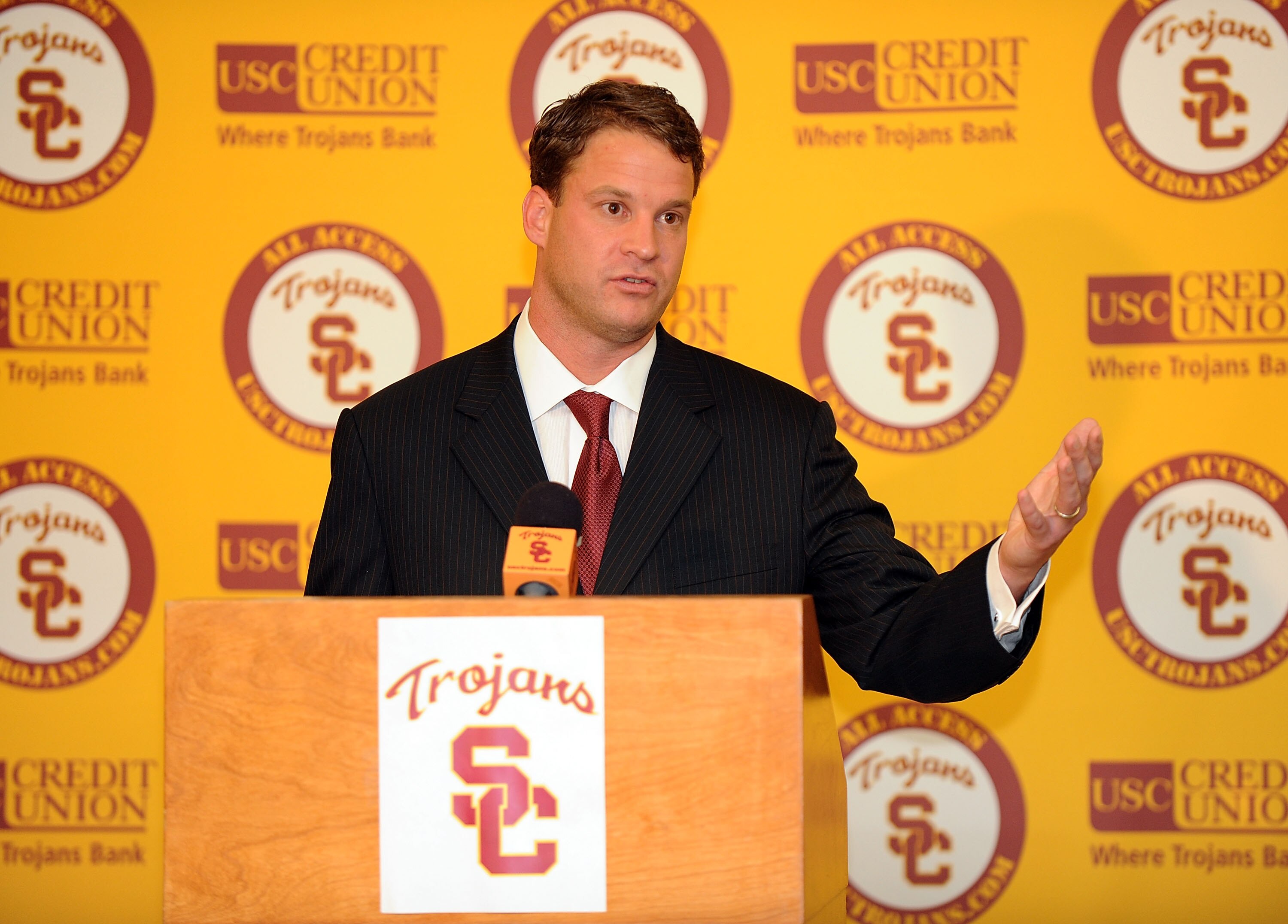 LOS ANGELES, CA - JANUARY 13:  New head coach of the USC Trojans Lane Kiffin is introduced during a press conference at Heritage Hall January 13, 2010 in Los Angeles, California.  (Photo by Harry How/Getty Images)