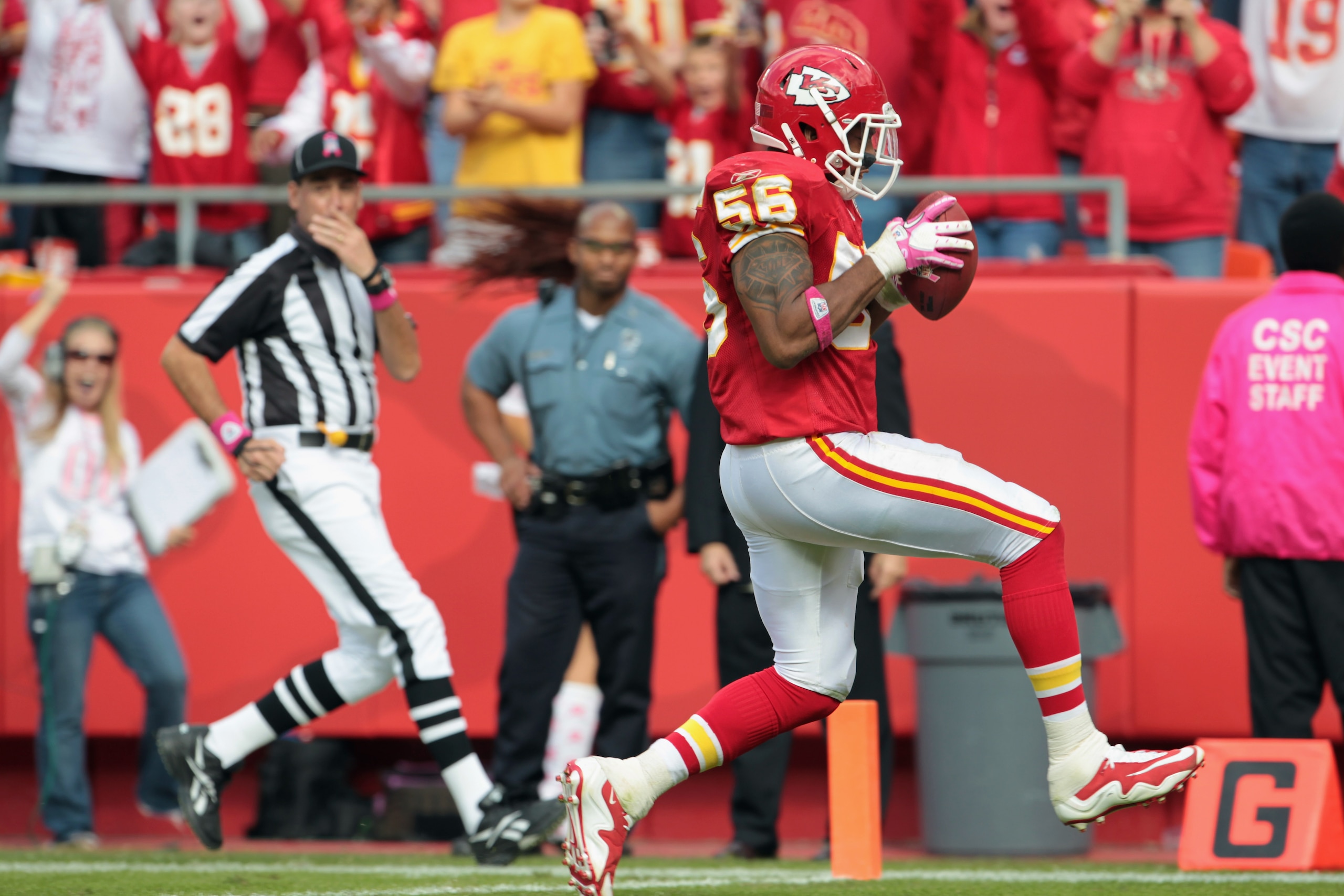 KANSAS CITY, MO - OCTOBER 24:  Derrick Johnson #56 of the Kansas City Chiefs carries the ball in for a touchdown after making an interception during the game against the Jacksonville Jaguars on October 24, 2010 at Arrowhead Stadium in Kansas City, Missour