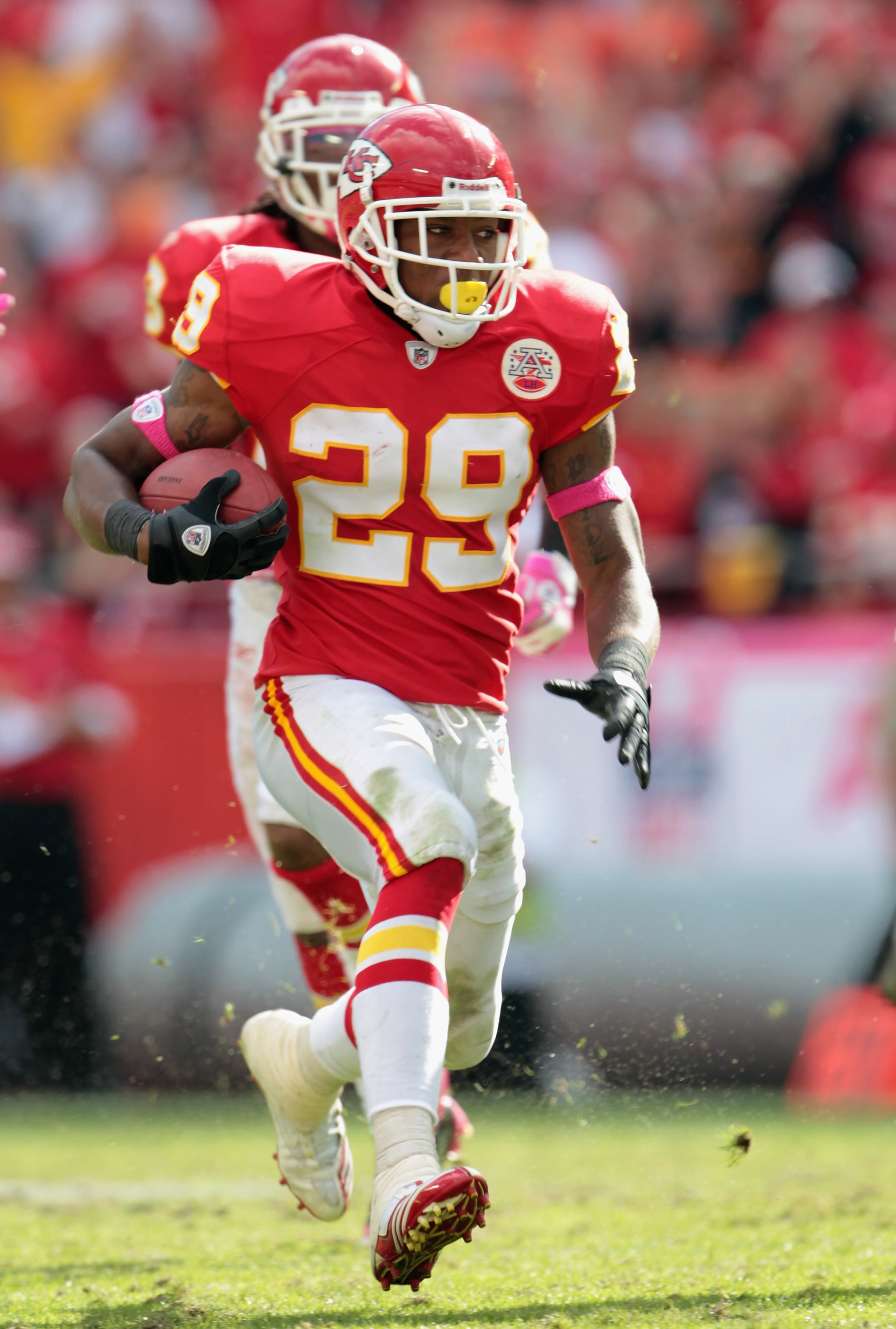 KANSAS CITY, MO - OCTOBER 24:  Safety Eric Berry #29 of the Kansas City Chiefs carries the ball upfield after making an interception during the game against the Jacksonville Jaguars on October 24, 2010 at Arrowhead Stadium in Kansas City, Missouri.  (Phot