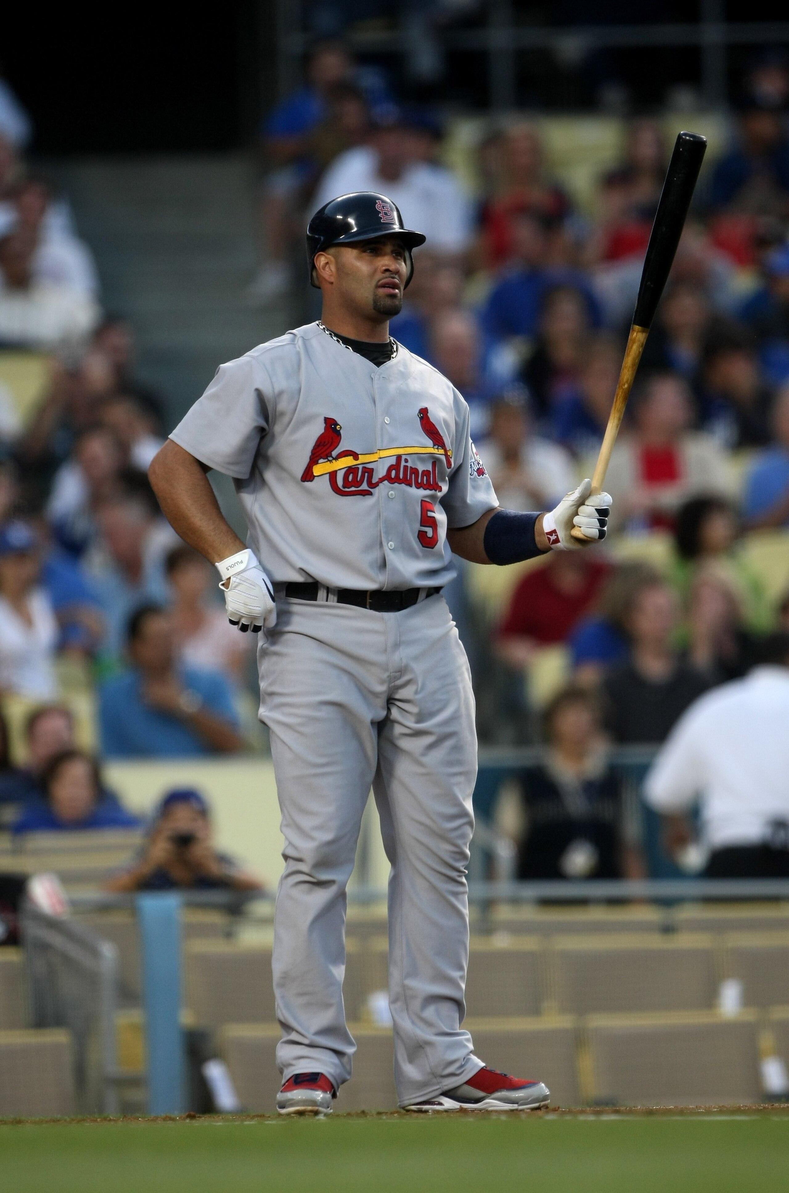 LOS ANGELES, CA - AUGUST 18:  Luis Pujols #5 of the St. Louis Cardinals bats against the Los Angeles Dodgers on August 18, 2009 at Dodger Stadium in Los Angeles, California.  The Dodgers won 7-3.  (Photo by Stephen Dunn/Getty Images)