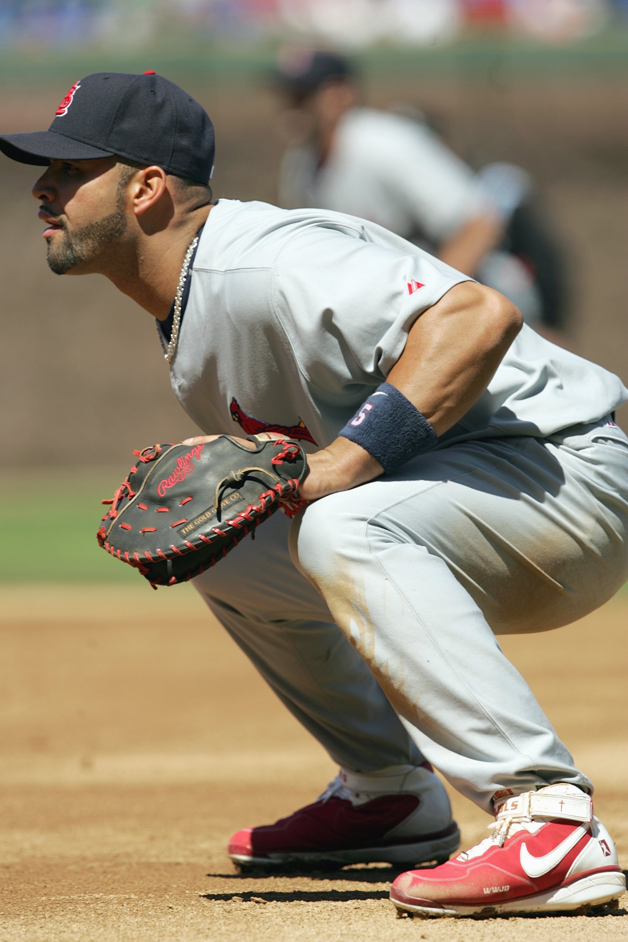 CHICAGO - APRIL 20: Albert Pujols #5 of the St. Louis Cardinals stands ready infield against the Chicago Cubs on April 20, 2007 at Wrigley Field in Chicago, Illinois. The Cardinals defeated the Cubs 2-1. (Photo by Jonathan Daniel/Getty Images)