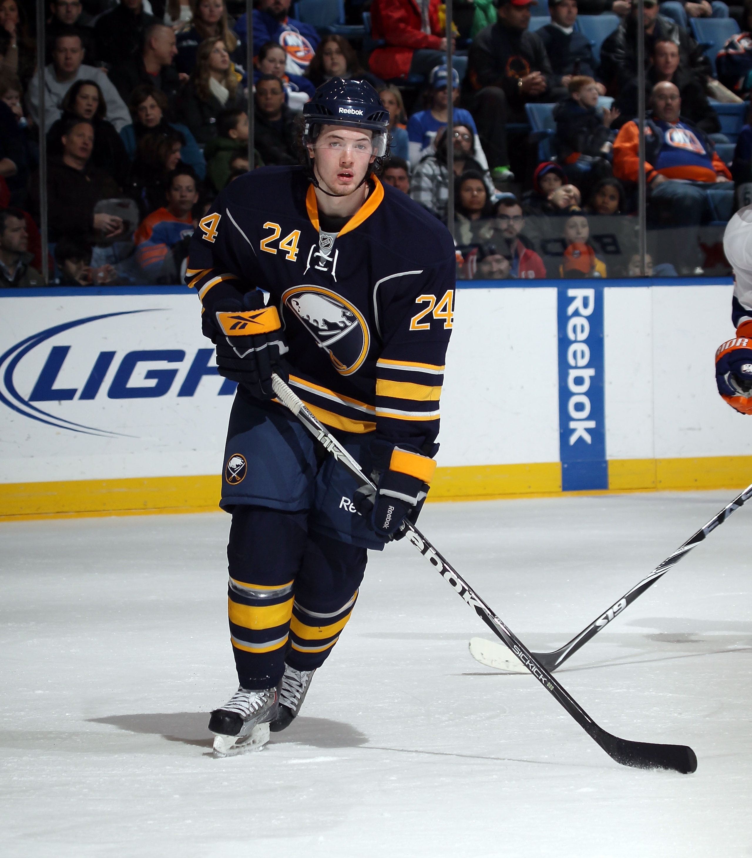 UNIONDALE, NY - JANUARY 23:  Paul Byron #24 of the Buffalo Sabres skates in his first NHL game against the New York Islanders at the Nassau Coliseum on January 23, 2011 in Uniondale, New York. The Sabres defeated the Islanders 5-3.  (Photo by Bruce Bennet