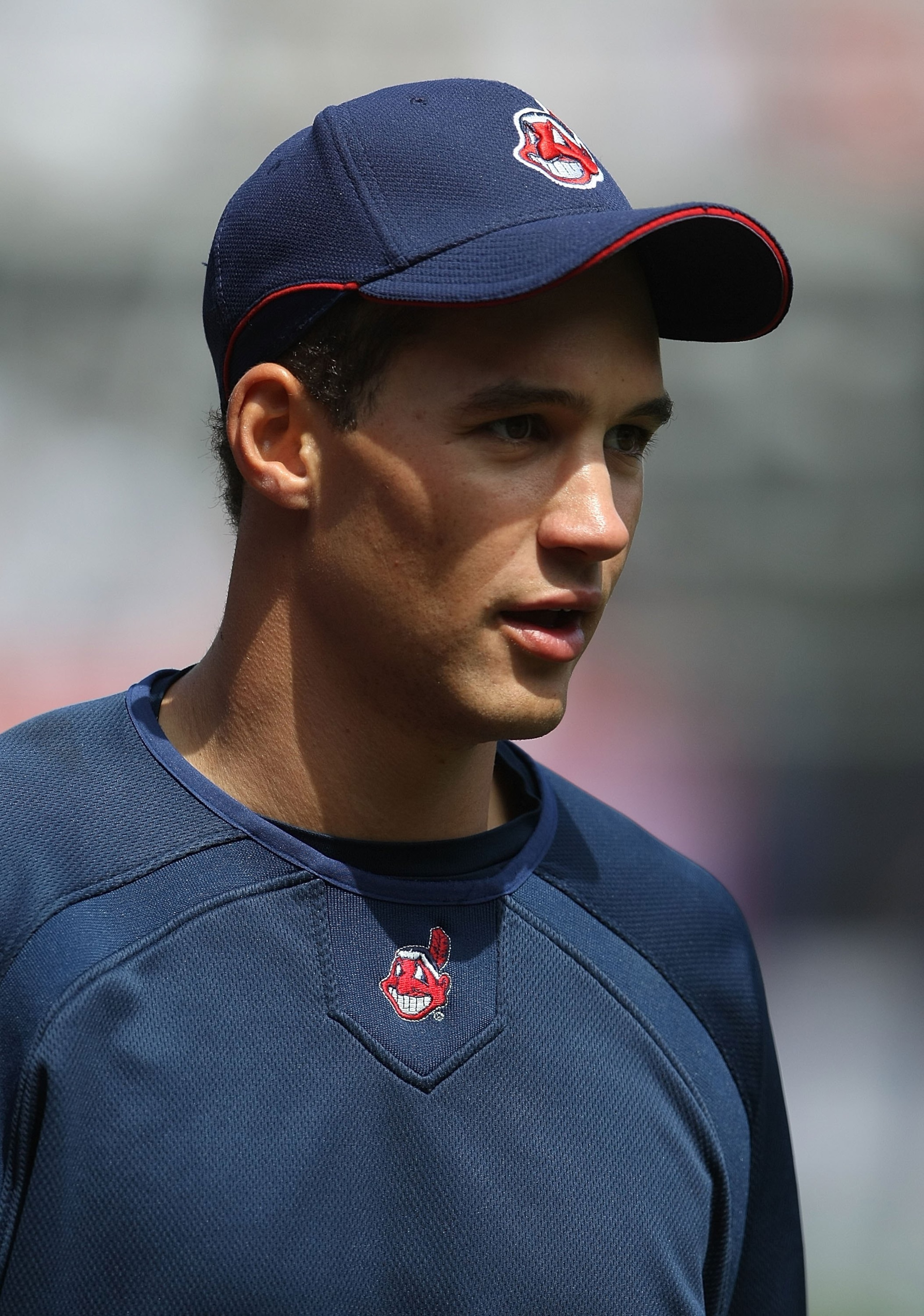 NEW YORK - APRIL 18:  Grady Sizemore #24 of the Cleveland Indians on the field during batting practice prior to the game against the New York Yankees at Yankee Stadium on April 18, 2009 in the Bronx borough of New York City.  (Photo by Nick Laham/Getty Im
