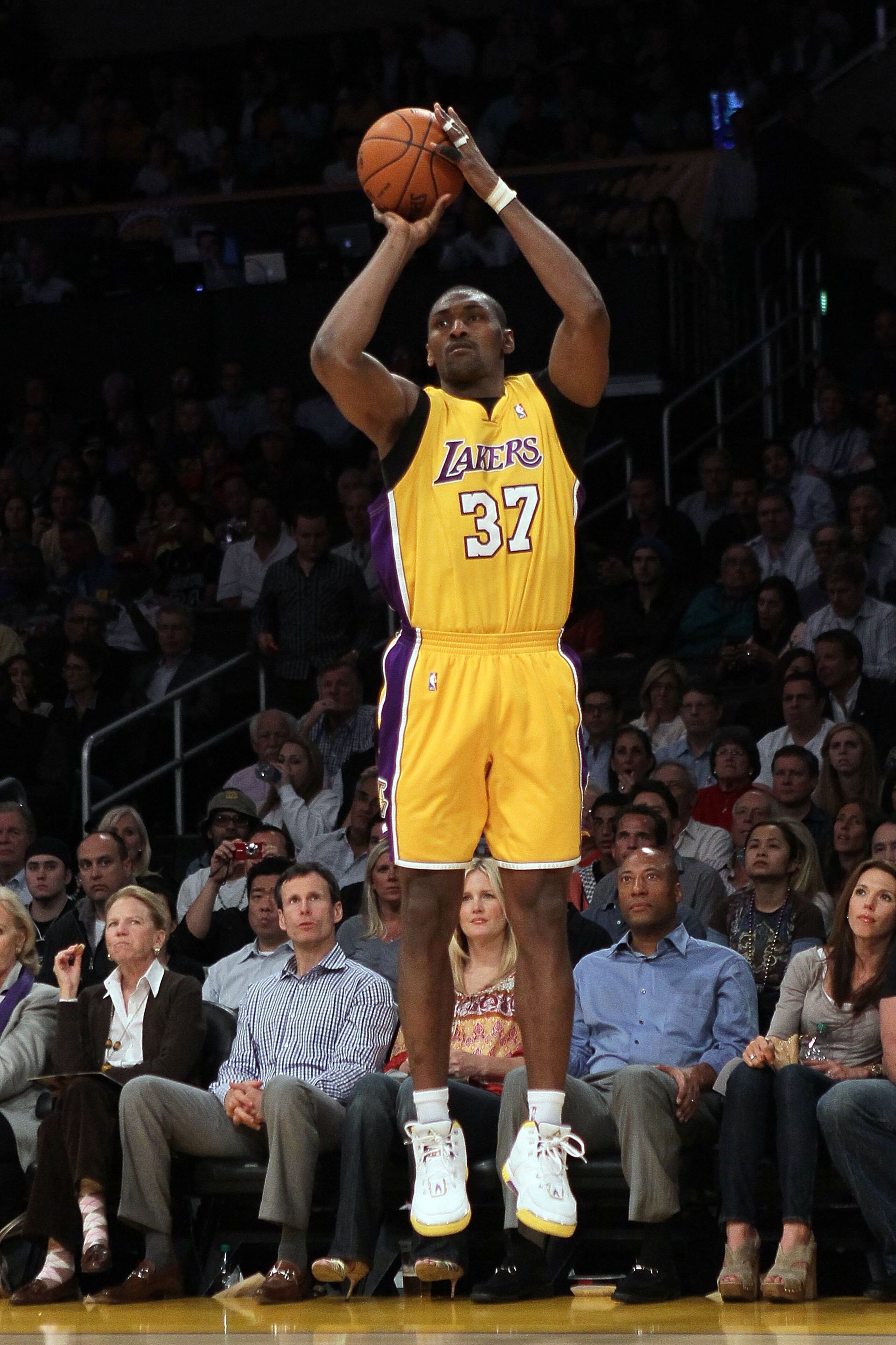 LOS ANGELES, CA - MAY 04: Ron Artest #37 of the Los Angeles Lakers shoots a three-pointer while taking on the Utah Jazz during Game Two of the Western Conference Semifinals of the 2010 NBA Playoffs at Staples Center on May 4, 2010 in Los Angeles, Califor LOS ANGELES, CA - MAY 04: Ron Artest #37 of the Los Angeles Lakers shoots a three-pointer while taking on the Utah Jazz during Game Two of the Western Conference Semifinals of the 2010 NBA Playoffs at Staples Center on May 4, 2010 in Los Angeles, Califor