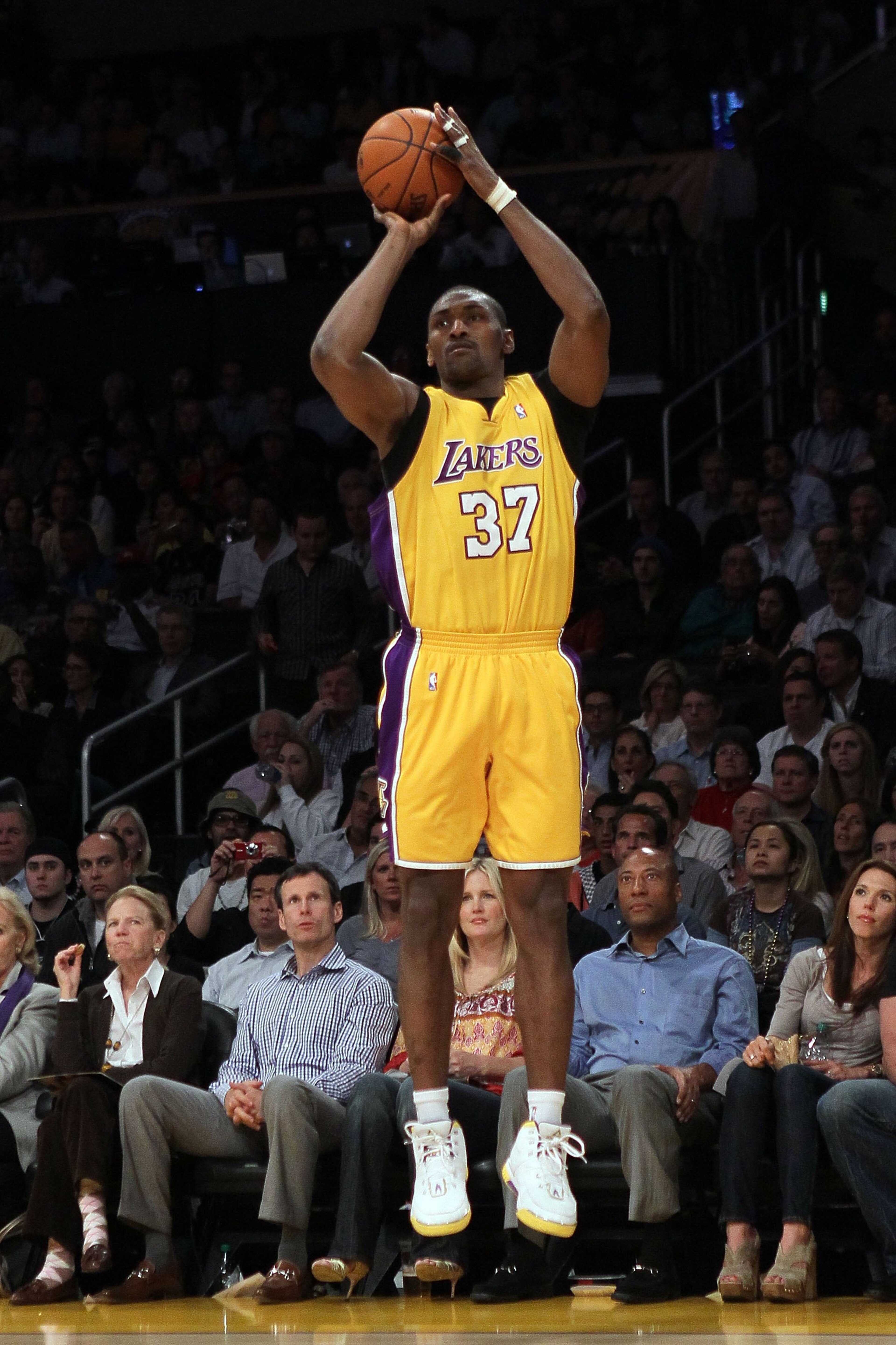 LOS ANGELES, CA - MAY 04:  Ron Artest #37 of the Los Angeles Lakers shoots a three-pointer while taking on the Utah Jazz during Game Two of the Western Conference Semifinals of the 2010 NBA Playoffs at Staples Center on May 4, 2010 in Los Angeles, Califor