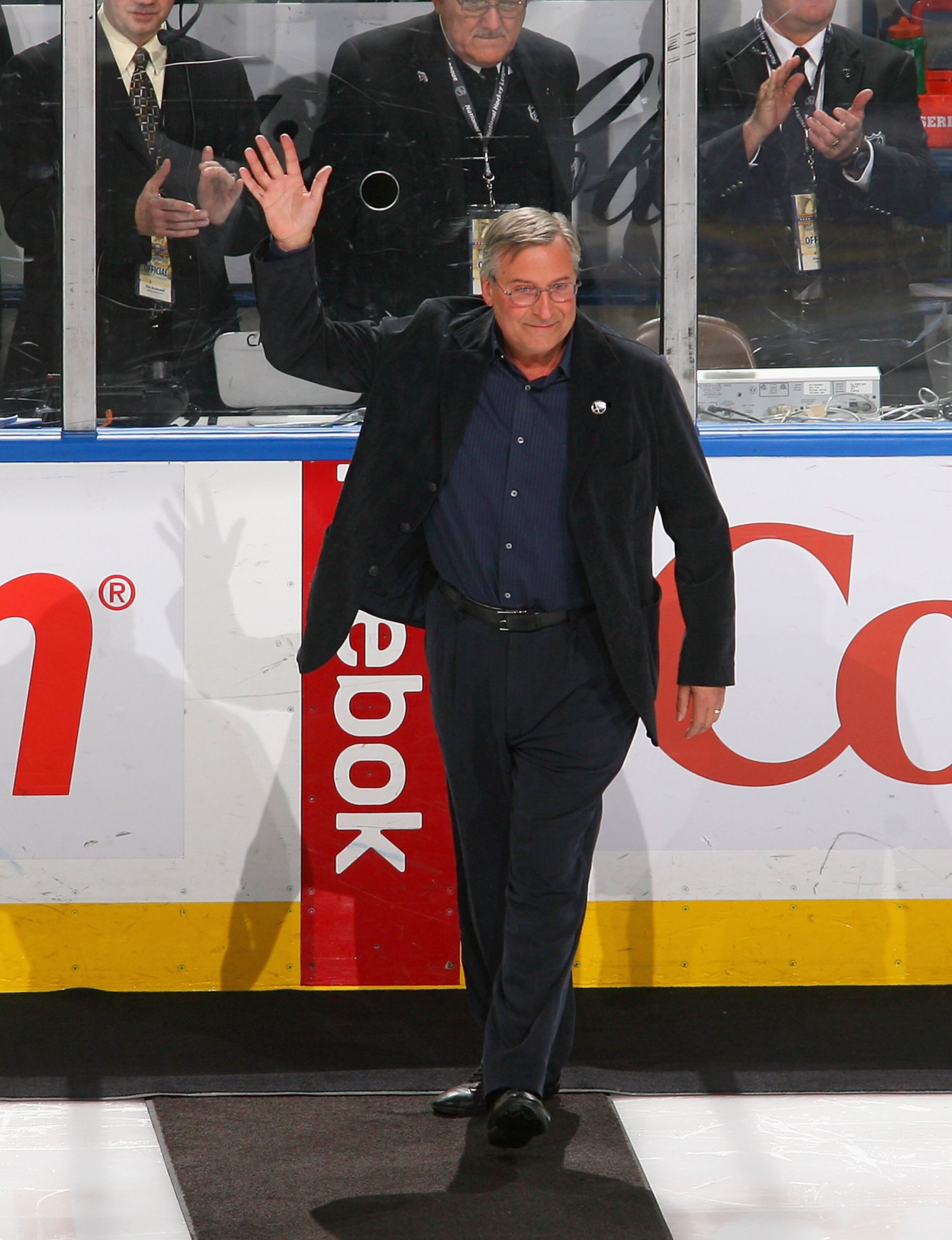 BUFFALO, NY - FEBRUARY 23:  New Buffalo Sabres owner Terry Pegula walks onto the ice during pre game ceremonies prior to play against the Atlanta Thrashers at HSBC Arena on February 23, 2011 in Buffalo, New York.  (Photo by Rick Stewart/Getty Images)
