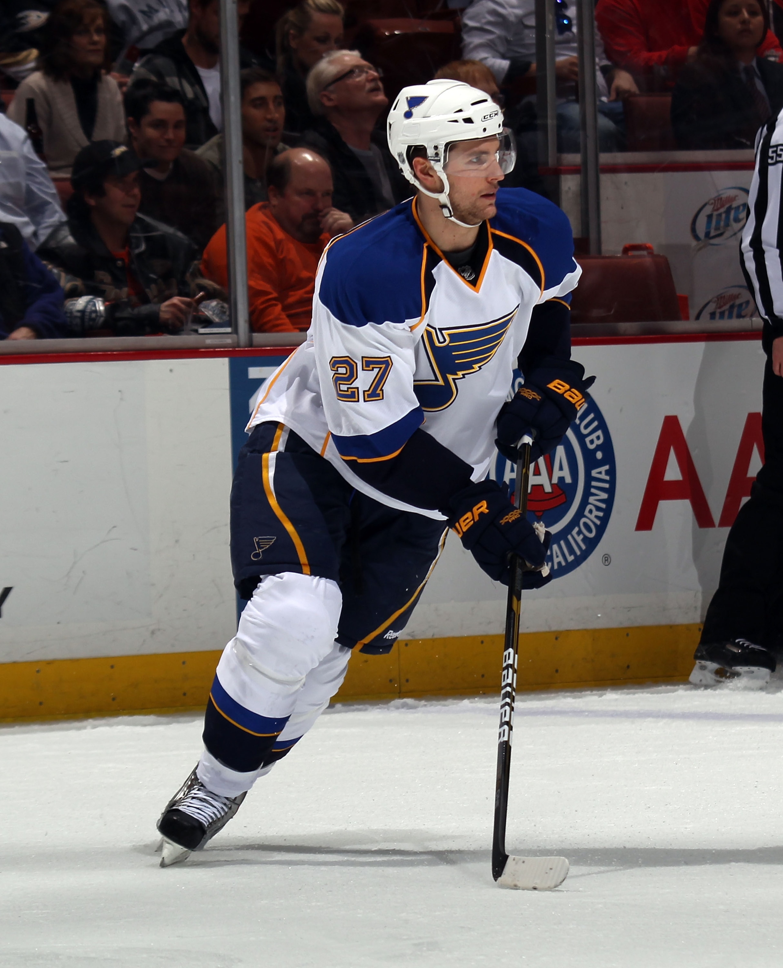ANAHEIM, CA - JANUARY 12: Alex Pietrangelo #27 of the St. Louis Blues skates against the Anaheim Ducks at the Honda Center on January 12, 2011 in Anaheim, California.  (Photo by Bruce Bennett/Getty Images)