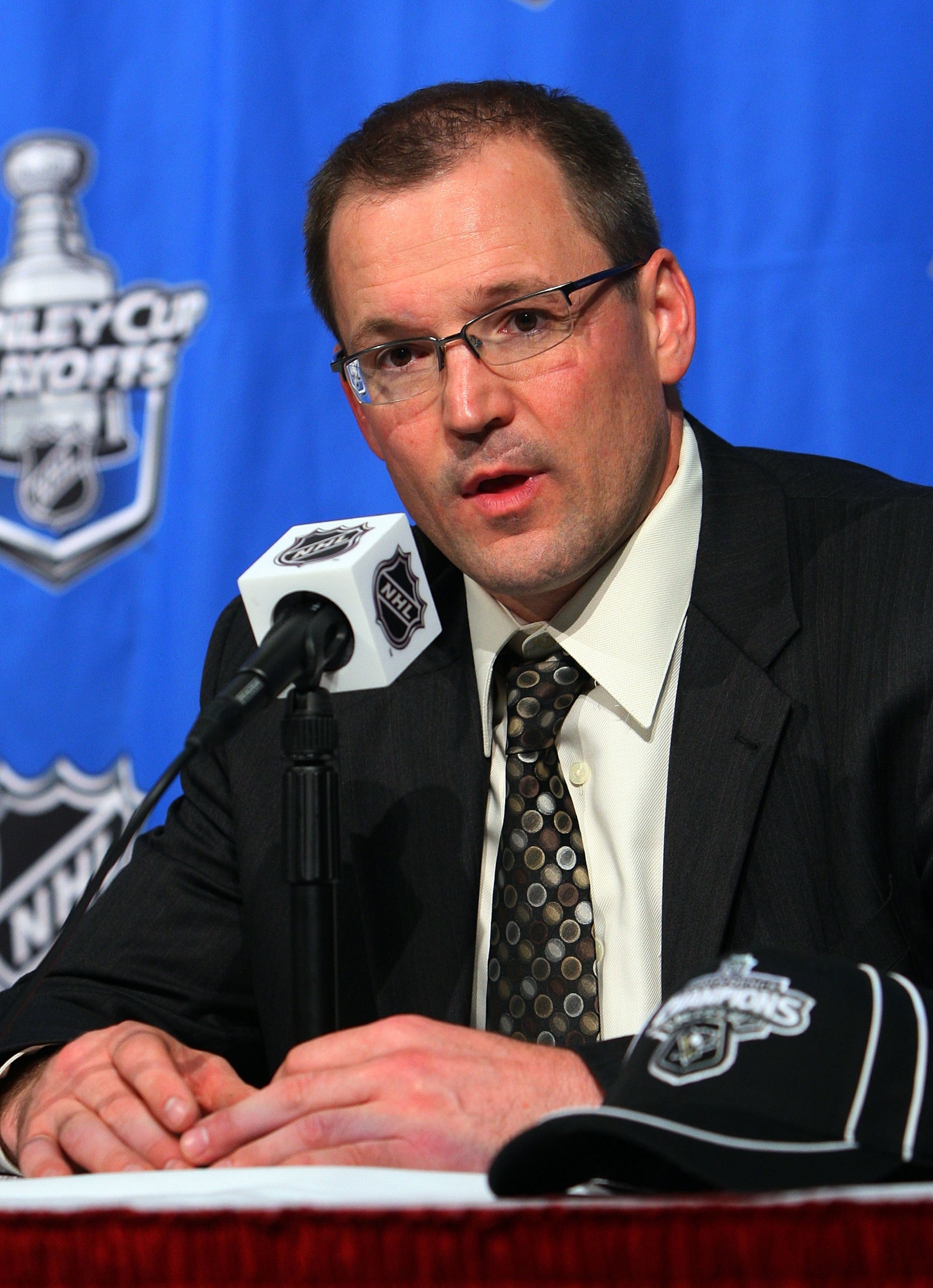 RALEIGH, NC - MAY 26:  Head coach Dan Bylsma the Pittsburgh Penguins speaks to the media after Game Four of the Eastern Conference Championship Round of the 2009 Stanley Cup Playoffs against the Carolina Hurricanes at RBC Center on May 26, 2009 in Raleigh