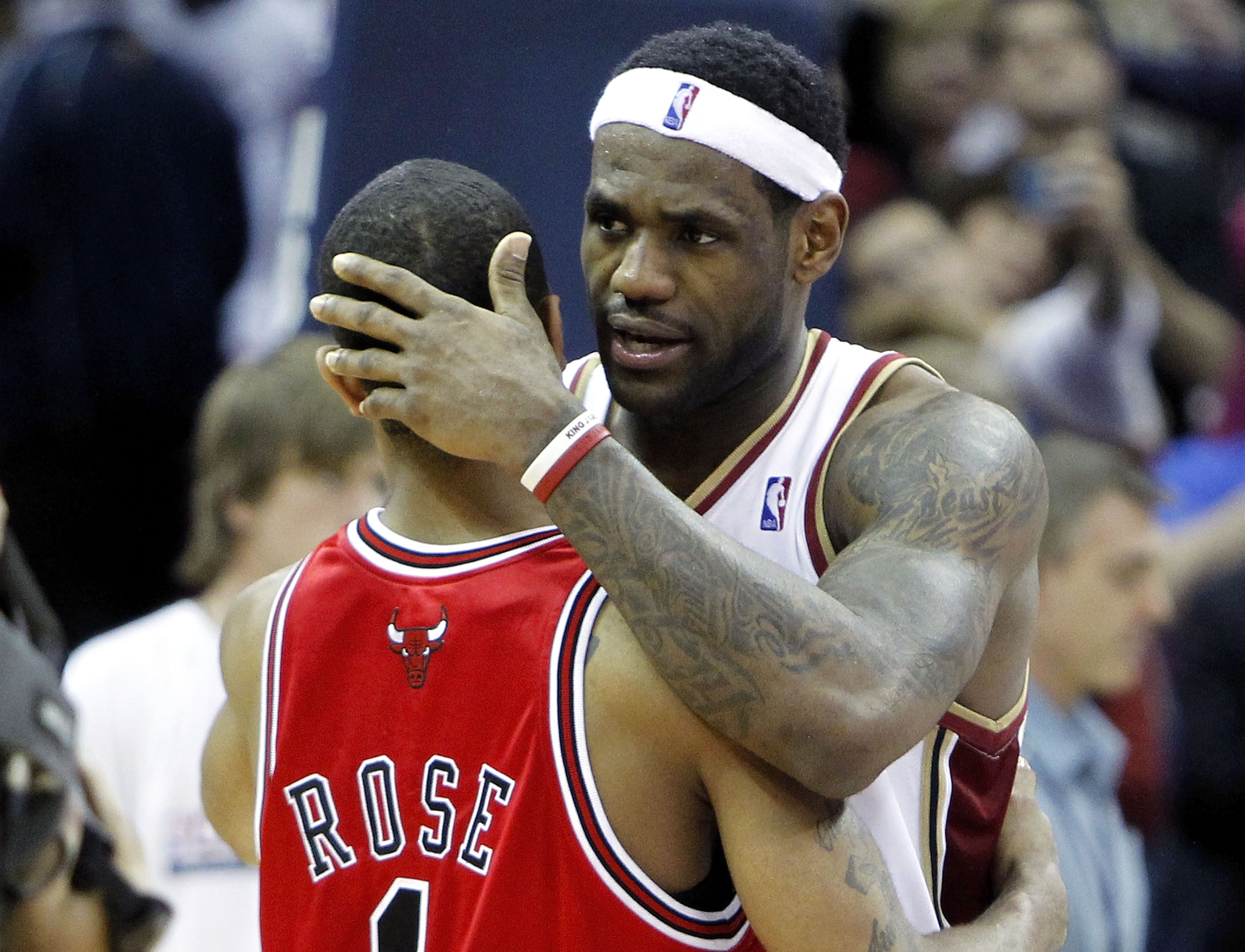 CLEVELAND - APRIL 27:  LeBron James #23 of the Cleveland Cavaliers talks with Derrick Rose #1 of the Chicago Bulls after defeating the Bulls 96-94 in Game Five of the Eastern Conference Quarterfinals during the 2010 NBA Playoffs at Quicken Loans Arena on