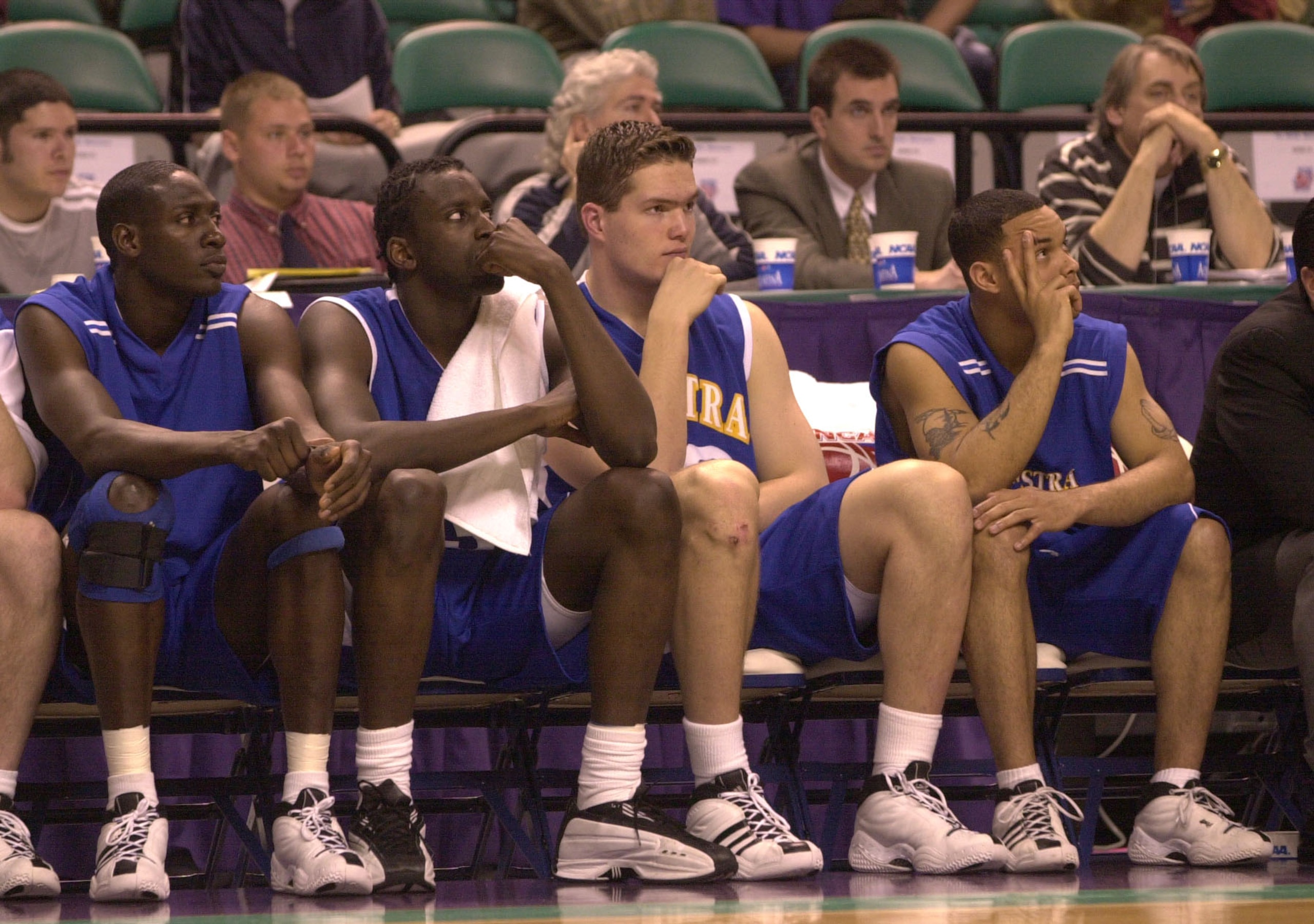 15 Mar 2001:  The Hofstra bench watches the closing moments of their game against UCLA in the first round of the Men's NCAA Basketball Tournament at the Greensboro Coliseum in Greensboro, North Carolina. UCLA won 61-48. <digital image> Mandatory Credit: E