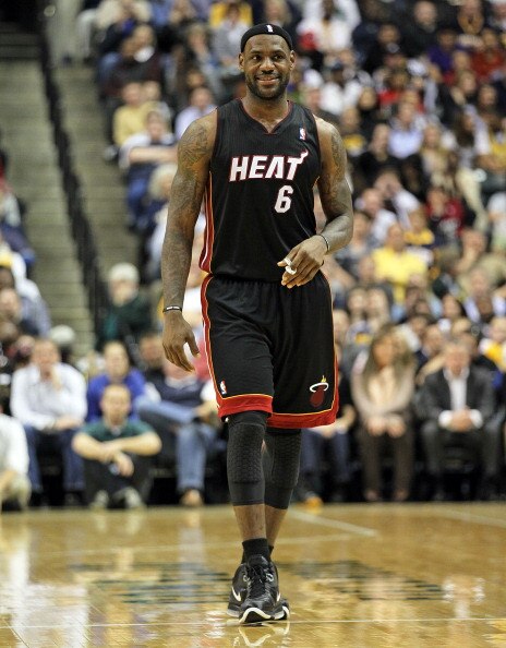 INDIANAPOLIS - FEBRUARY 15:  LeBron James #6 of the Miami Heat smiles during the NBA game against the Indiana Pacers at Conseco Fieldhouse on February 15, 2011 in Indianapolis, Indiana.   The Heat won 110-103.   NOTE TO USER: User expressly acknowledges a