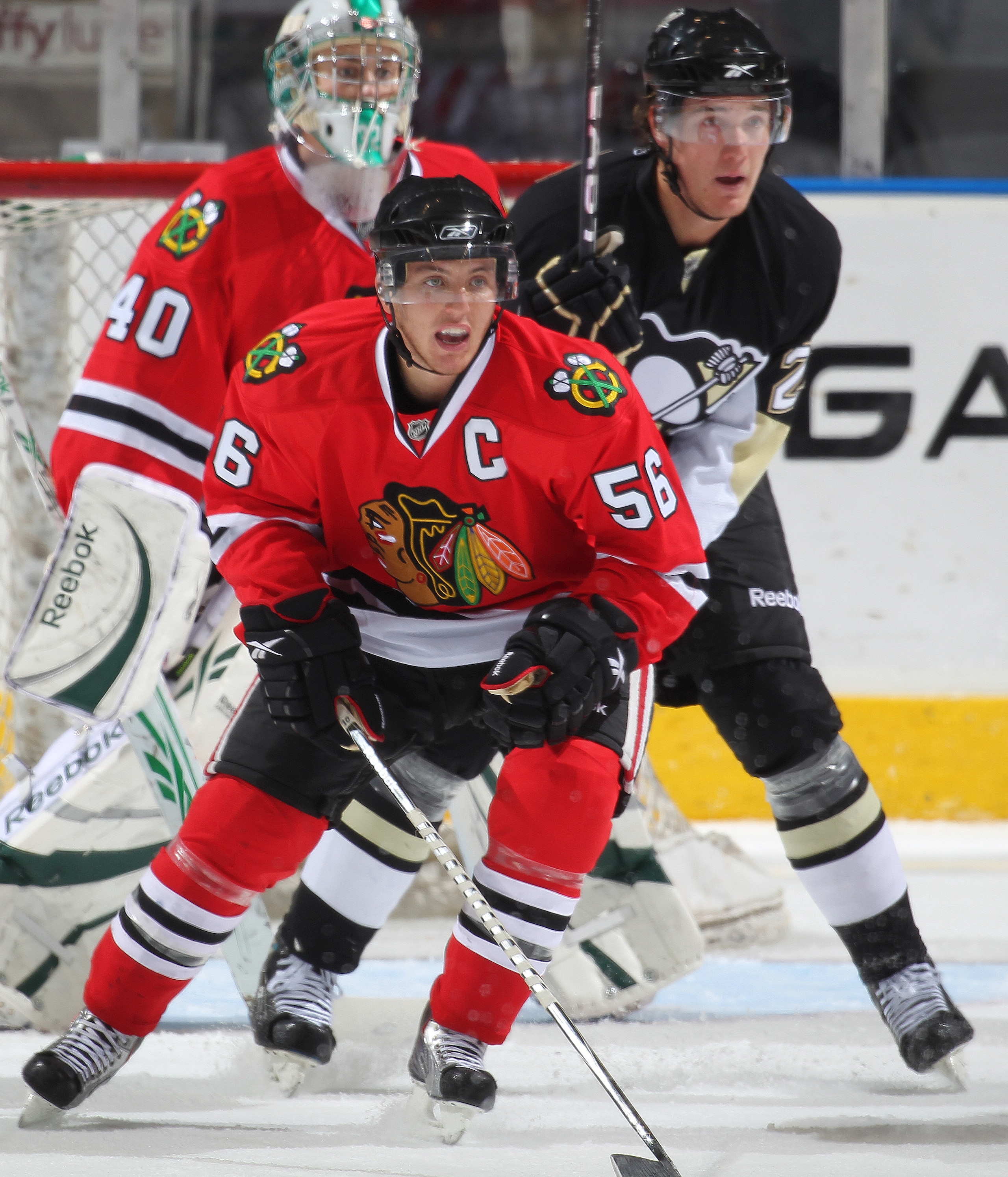 LONDON,ON - SEPTEMBER 14:  Brian Connelly #56 of the Chicago Black Hawks defends in a game against the Pittsburgh Penguins during the NHL Rookie Tournament on September 14,2010 at the John Labatt Centre in London,Ontario. The Hawks defeated the Penguins 9