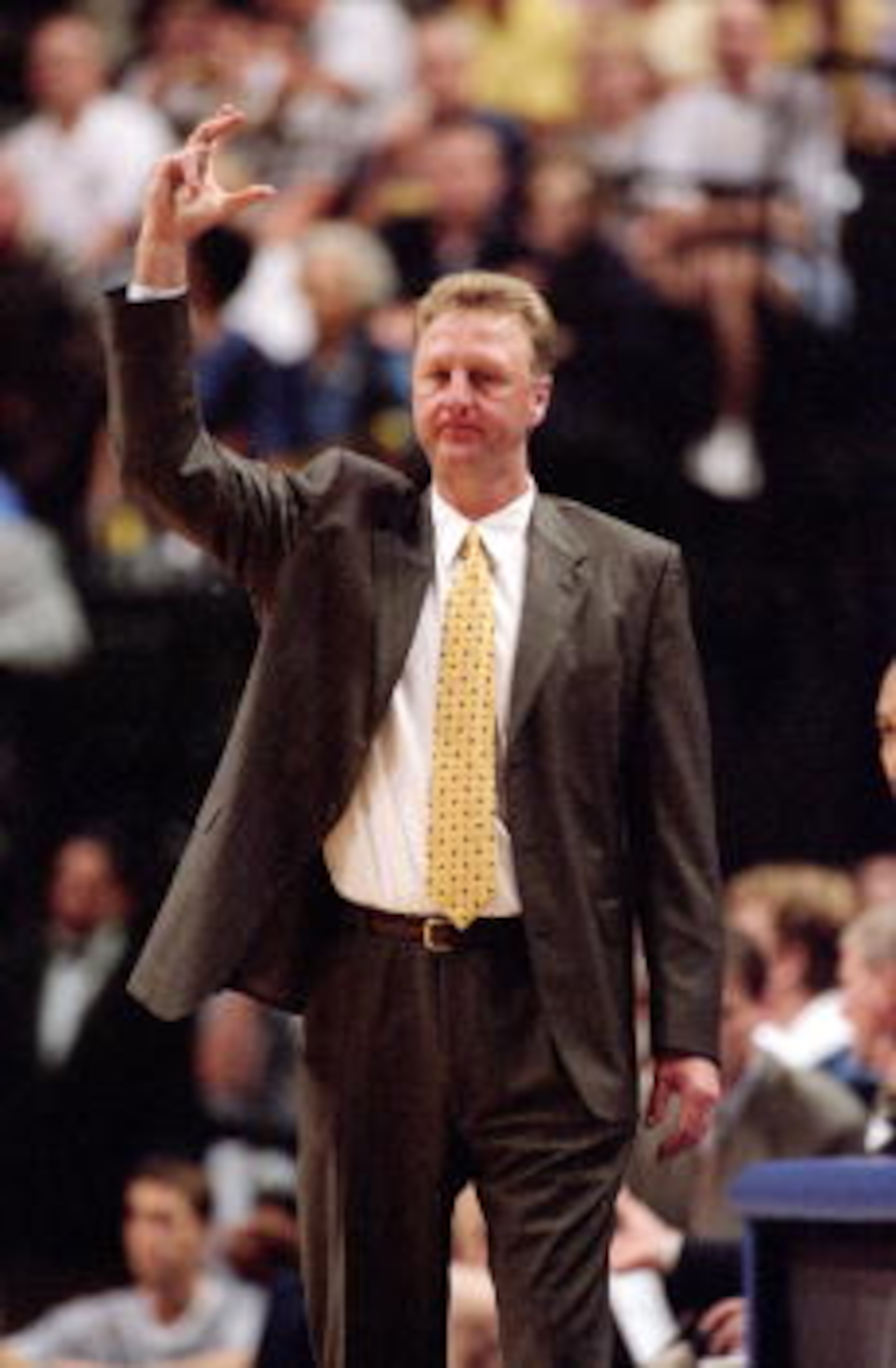 8 May 2000:  Head Coach Larry Bird  of the Indiana Pacers signals a call from the sidelines during the NBA Playoff Round Two Game against the Philadelphia 76ers  at the Conseco Fieldhouse in Indianapolis, Indiana. The Pacers defeated the 76ers 103-97.  NO
