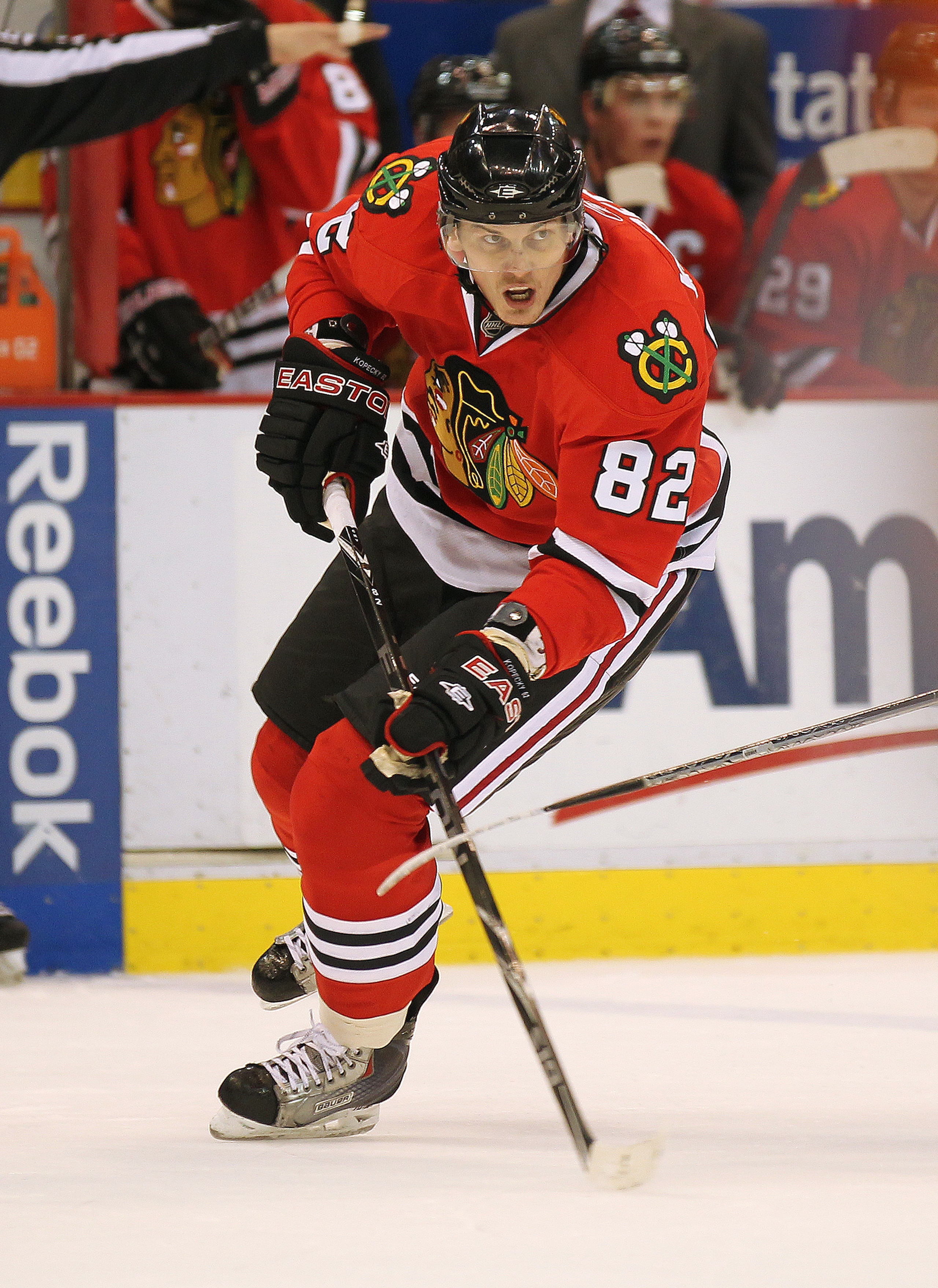 DETROIT, MI - JANUARY 22:  Tomas Kopecky #82 of the Chicago Black Hawks skates in a game against the Detroit Red Wings on January 22, 2011 at the Joe Louis Arena in Detroit, Michigan. The Hawks defeated the Wings 4-1. (Photo by Claus Andersen/Getty Images