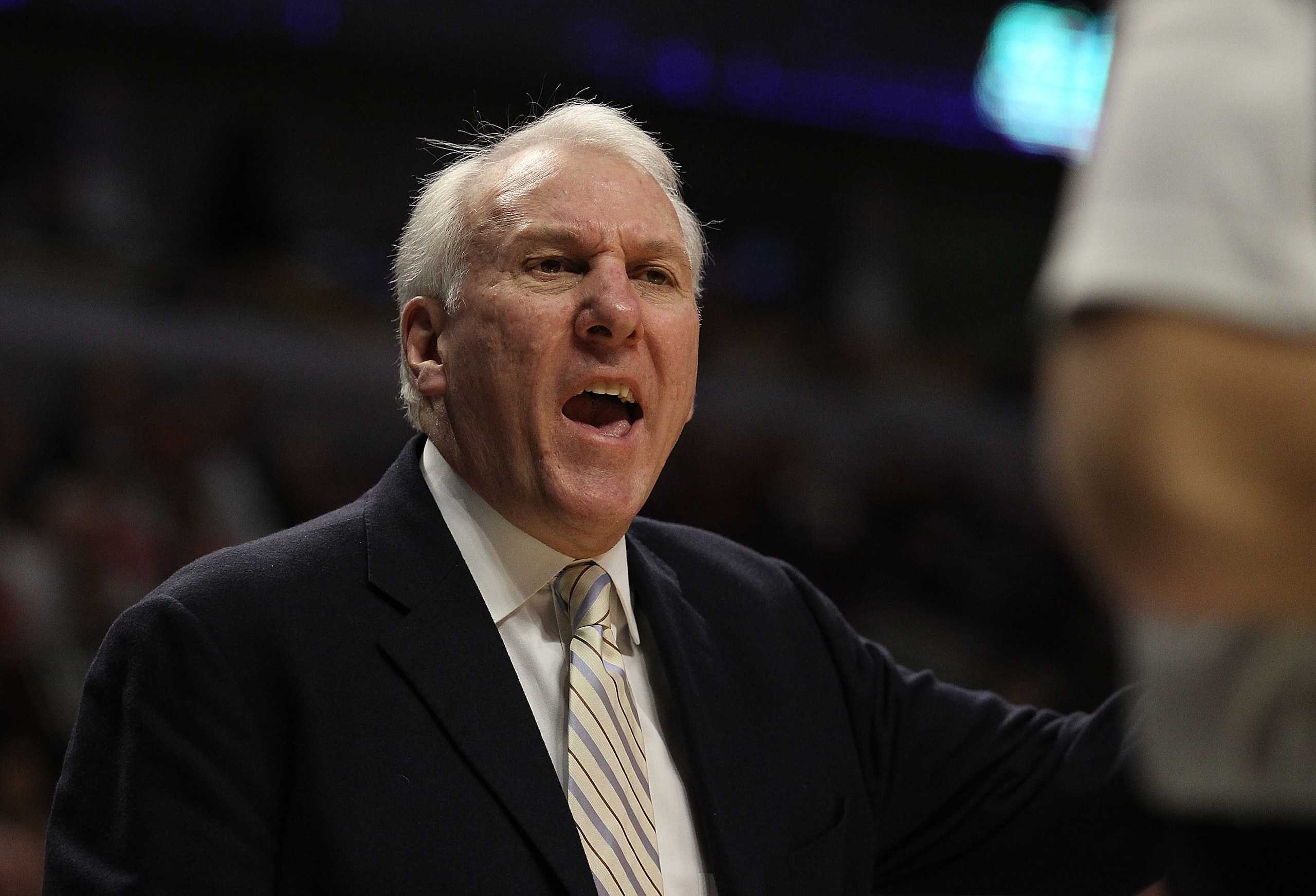 CHICAGO, IL - FEBRUARY 17: Head coach Gregg Popovich of the San Antonio Spurs yells at a referee during a game against the Chicago Bulls at the United Center on February 17, 2011 in Chicago, Illinois. The Bulls defeated the Spurs 109-99. NOTE TO USER: Use