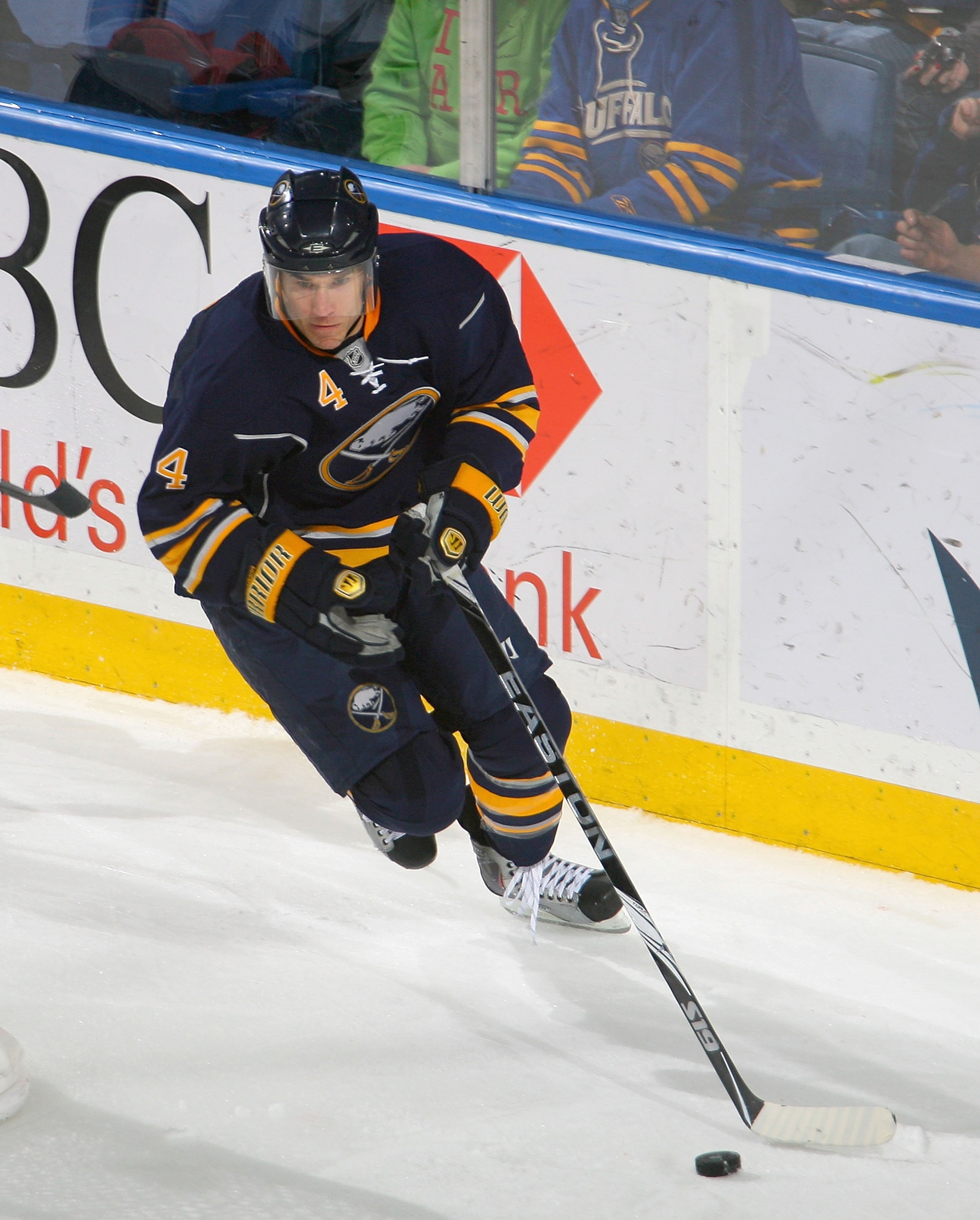 BUFFALO, NY - DECEMBER 09: Steve Montador #4 of the Buffalo Sabres skates against the San Jose Sharks at HSBC Arena on December 9, 2010 in Buffalo, New York. Buffalo won 6-3. (Photo by Rick Stewart/Getty Images)