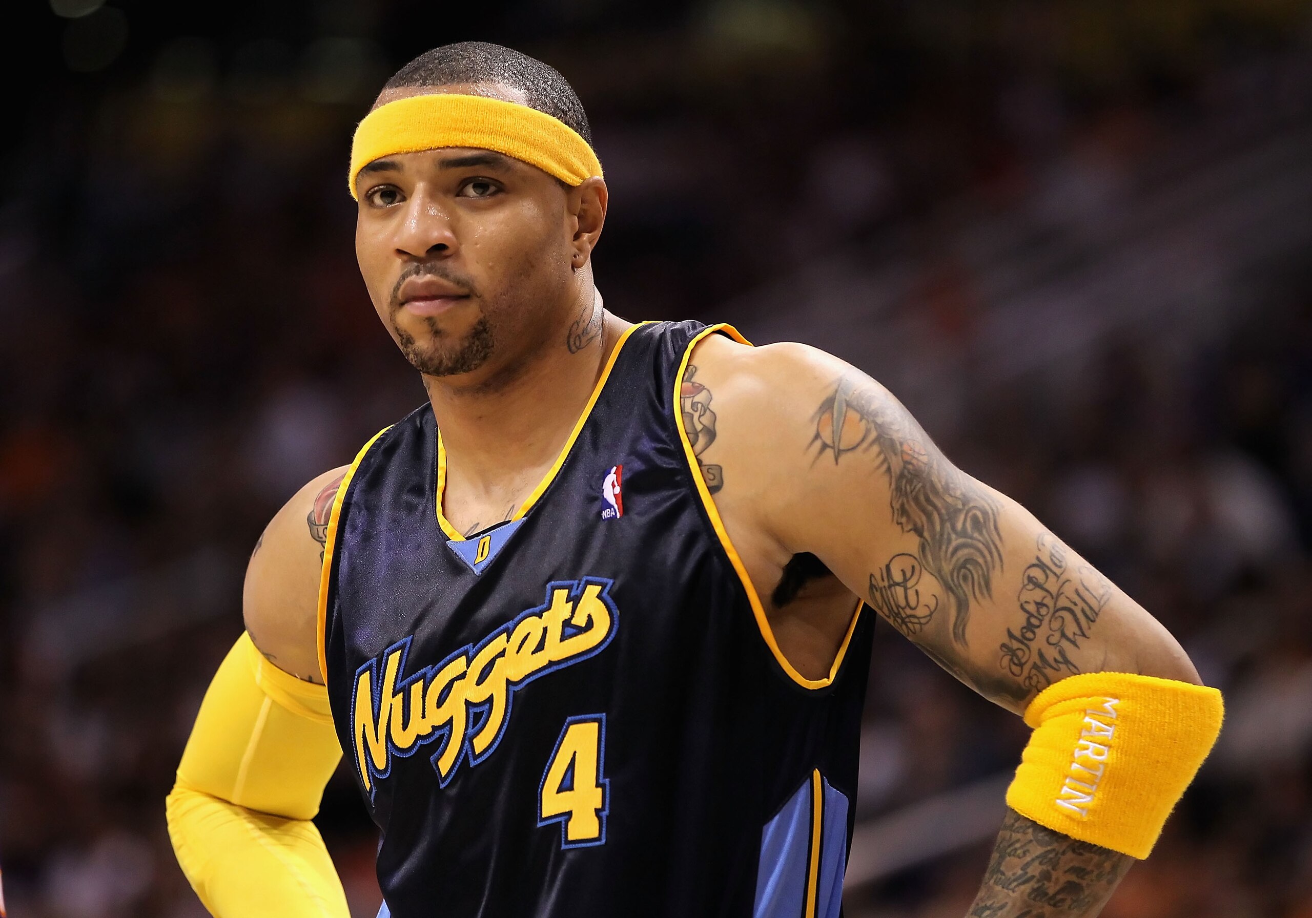 PHOENIX - APRIL 13: Kenyon Martin #4 of the Denver Nuggets awaits a free throw shot during the NBA game against the Phoenix Suns at US Airways Center on April 13, 2010 in Phoenix, Arizona. NOTE TO USER: User expressly acknowledges and agrees that, by dow PHOENIX - APRIL 13: Kenyon Martin #4 of the Denver Nuggets awaits a free throw shot during the NBA game against the Phoenix Suns at US Airways Center on April 13, 2010 in Phoenix, Arizona. NOTE TO USER: User expressly acknowledges and agrees that, by dow