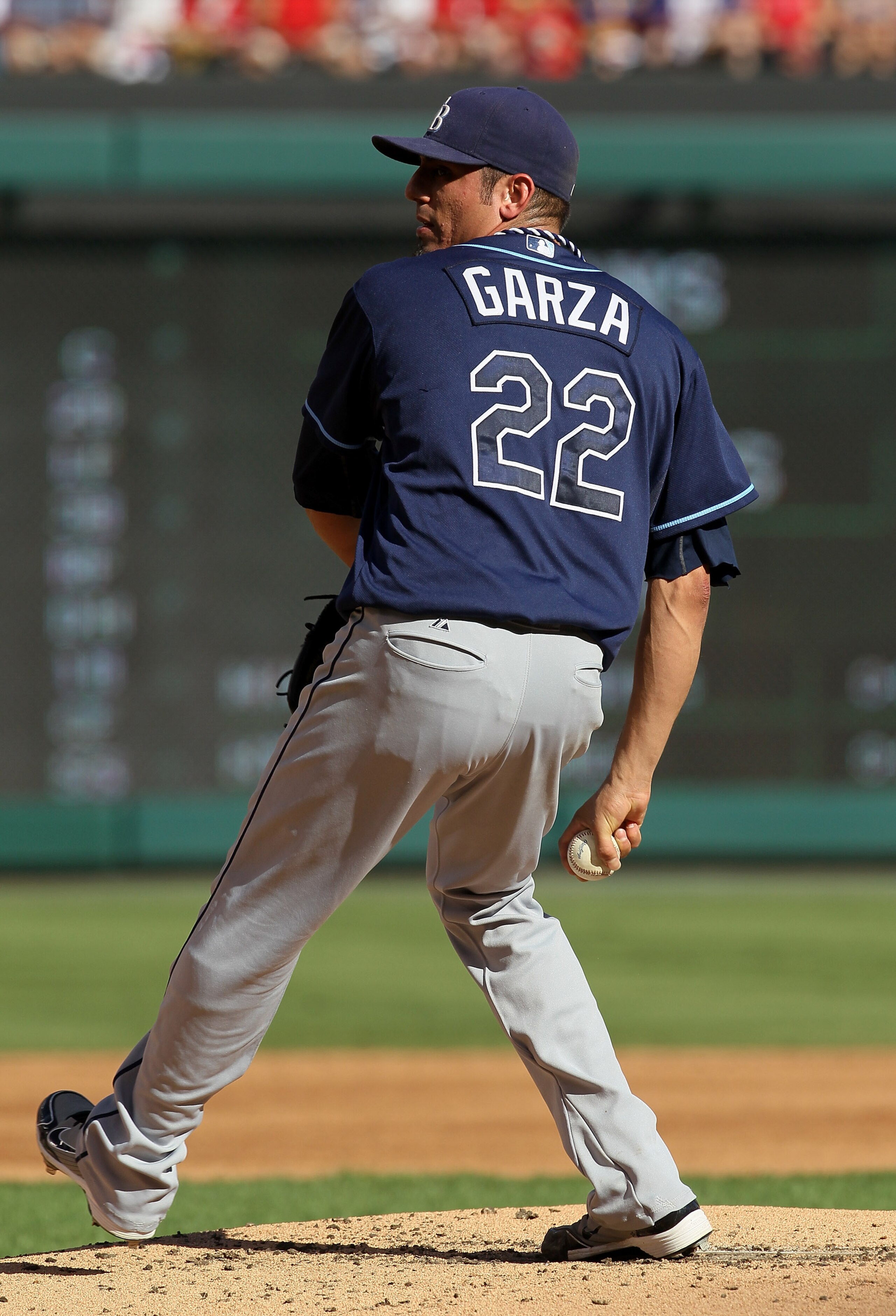 ARLINGTON, TX - OCTOBER 9:   Starter Matt Garza #22 of the Tampa Bay Rays throws a pitch against the Texas Rangers during game three of the ALDS at Rangers Ballpark in Arlington on October 9, 2010 in Arlington, Texas.  (Photo by Stephen Dunn/Getty Images)