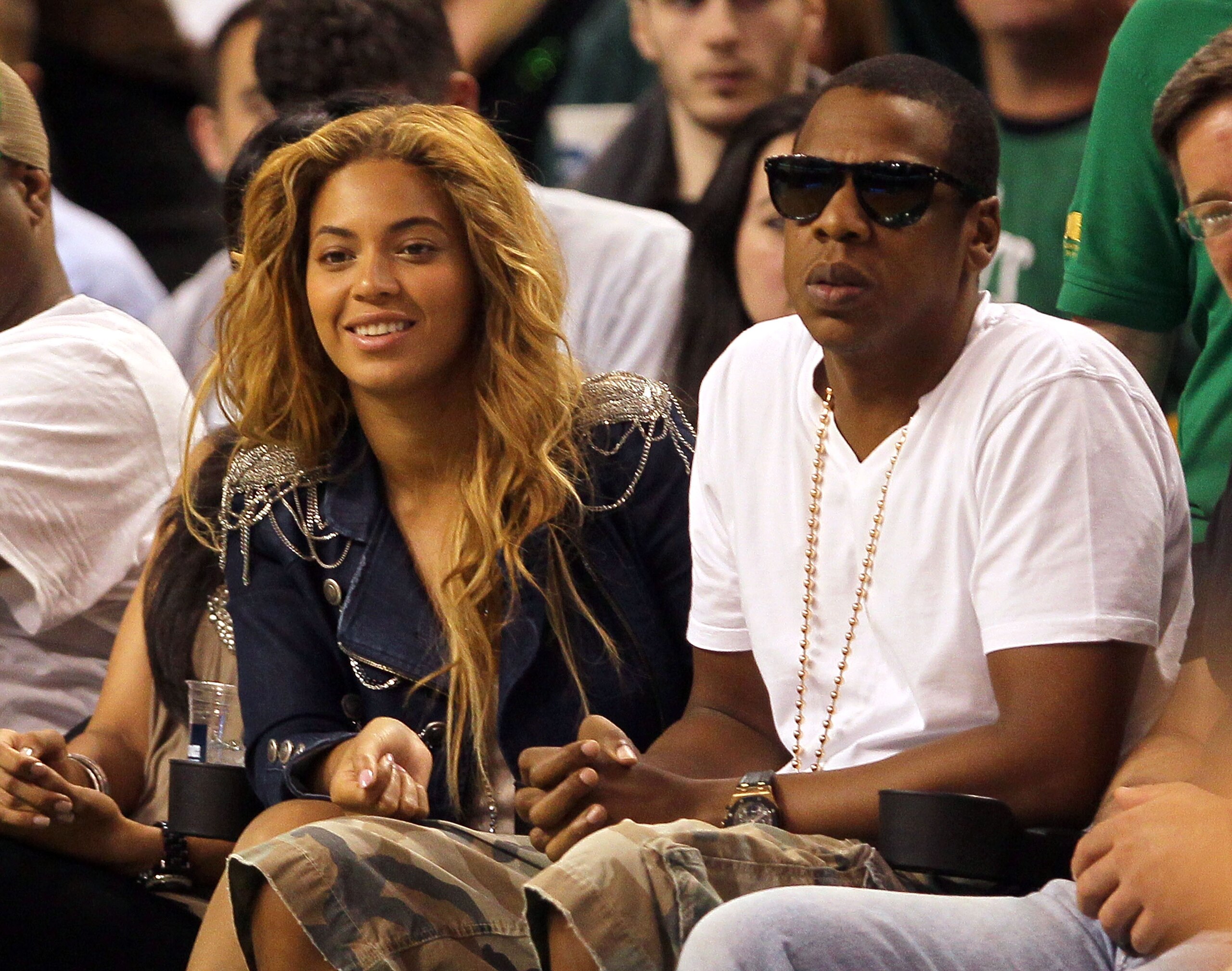 BOSTON - MAY 07:  Singers Beyonce and Jay-Z sit courtside during a game between the Cleveland Cavaliers and the Boston Celtics during Game Three of the Eastern Conference Semifinals during the 2010 NBA Playoffs at TD Banknorth Garden on May 7, 2010 in Bos