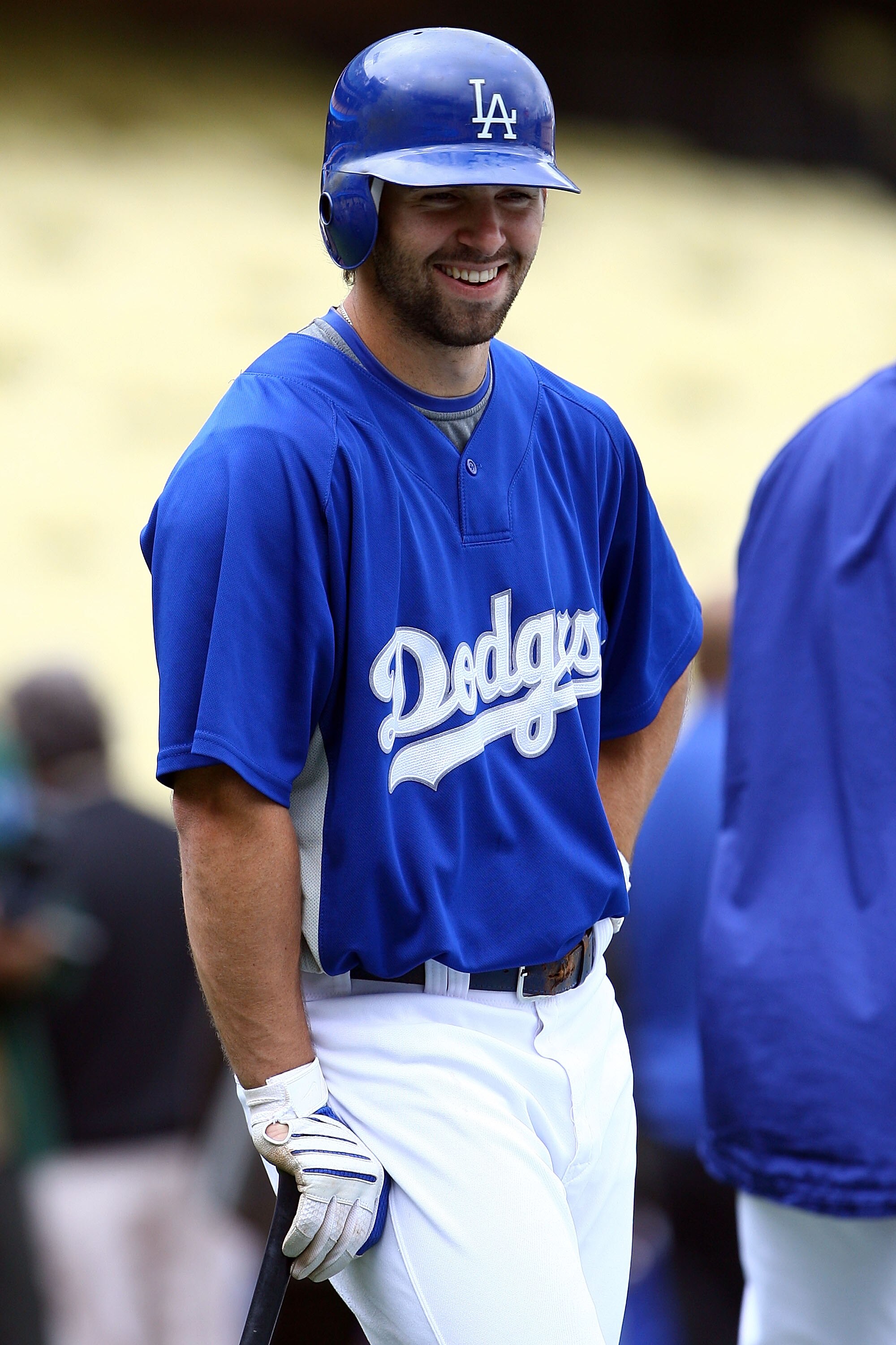 LOS ANGELES, CA - OCTOBER 04:  Blake DeWitt #33 of the Los Angeles Dodgers smiles during batting practice before taking on the Chicago Cubs in Game Three of the NLDS during the 2008 MLB playoffs on October 4, 2008 at Dodger Stadium in Los Angeles, Califor