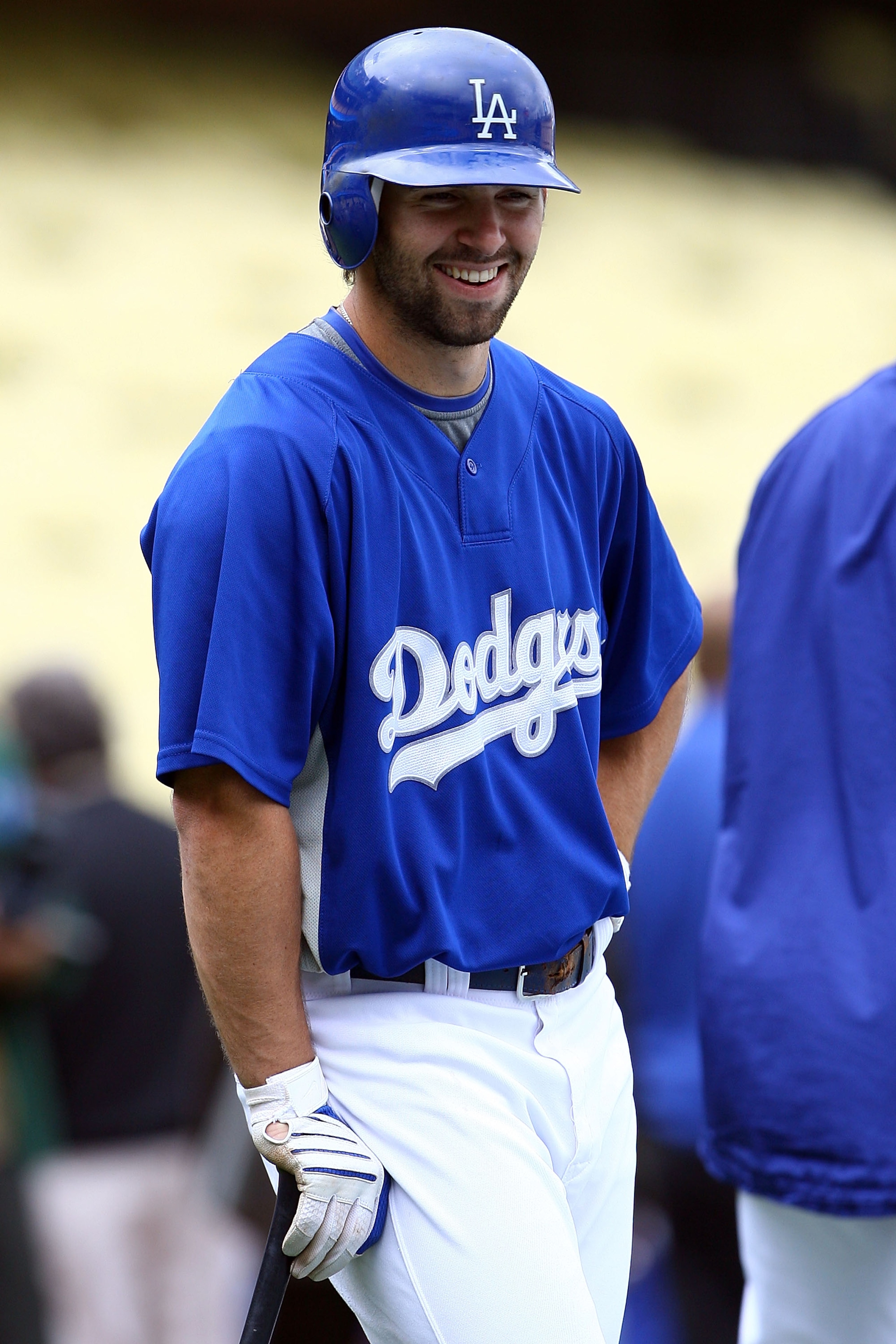 LOS ANGELES, CA - OCTOBER 04:  Blake DeWitt #33 of the Los Angeles Dodgers smiles during batting practice before taking on the Chicago Cubs in Game Three of the NLDS during the 2008 MLB playoffs on October 4, 2008 at Dodger Stadium in Los Angeles, Califor