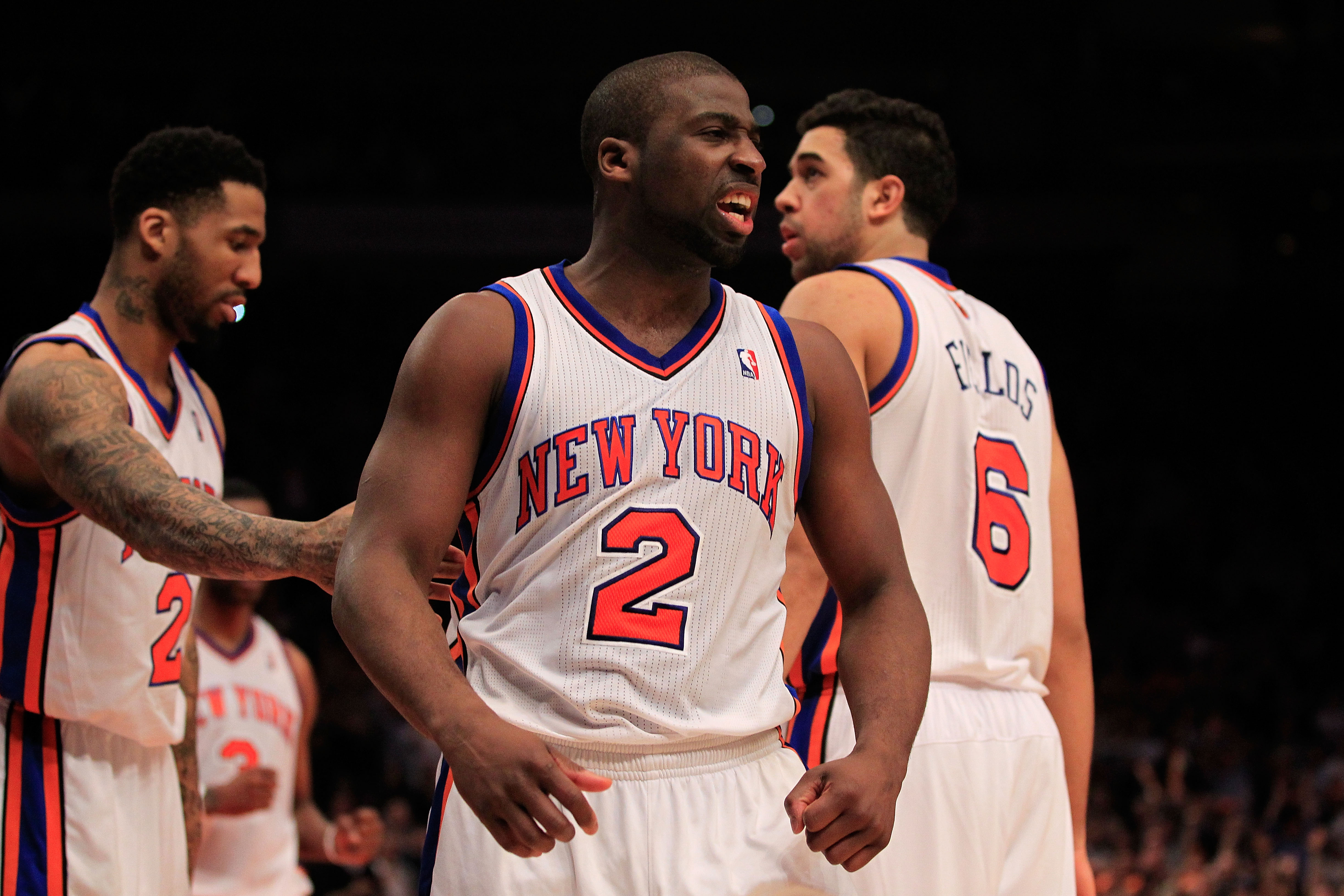 NEW YORK, NY - JANUARY 27: Raymond Felton #2 of the New York Knicks reacts during the game against the Miami Heat at Madison Square Garden on January 27, 2011 in New York City. NOTE TO USER: User expressly acknowledges and agrees that, by downloading and/