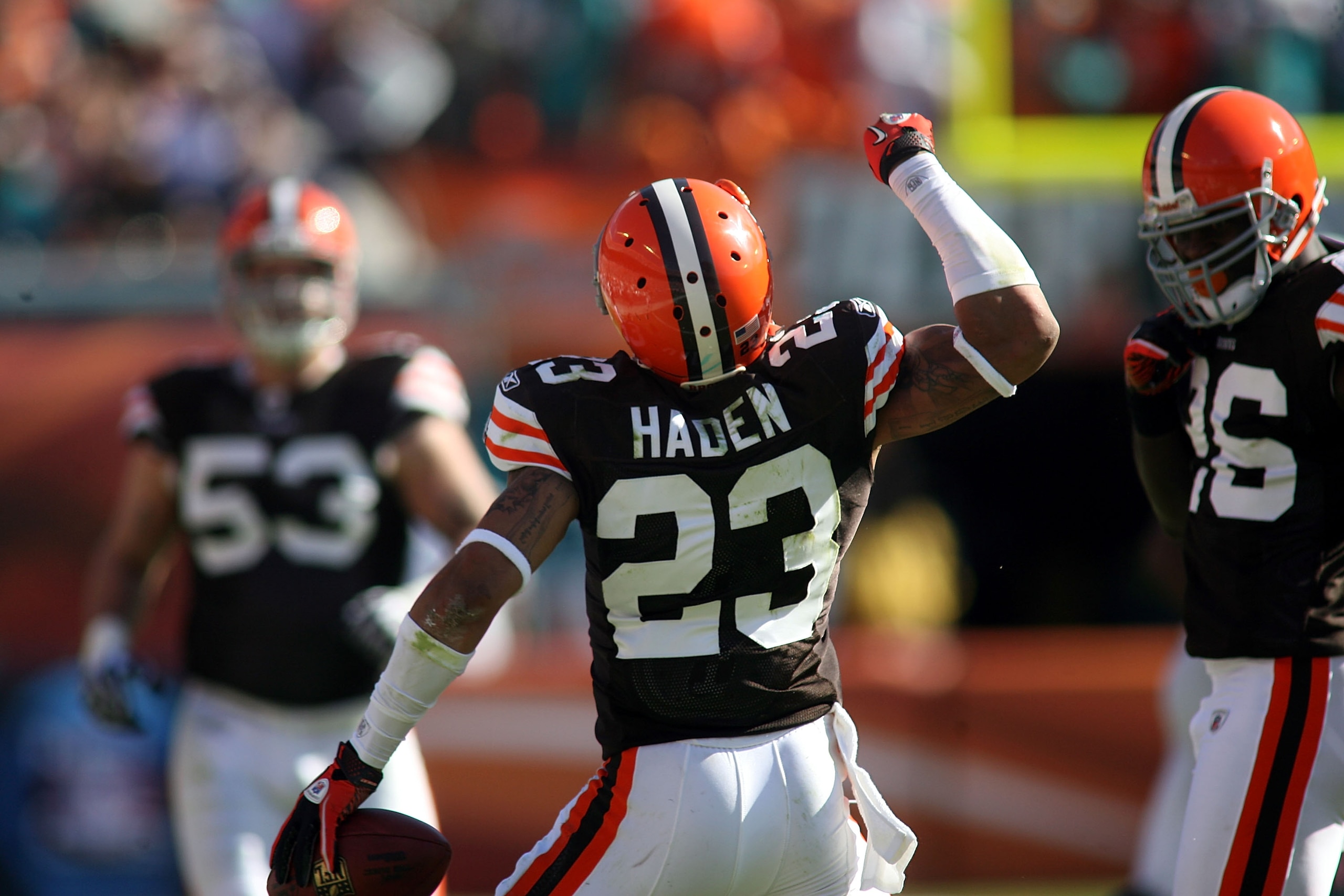 MIAMI - DECEMBER 05: Defensive back Joe Haden #23 of the Cleveland Browns celebrates intercepting the ball against the Miami Dolphins at Sun Life Stadium on December 5, 2010 in Miami, Florida. Cleveland defeated Miami 13-10. (Photo by Marc Serota/Getty MIAMI - DECEMBER 05: Defensive back Joe Haden #23 of the Cleveland Browns celebrates intercepting the ball against the Miami Dolphins at Sun Life Stadium on December 5, 2010 in Miami, Florida. Cleveland defeated Miami 13-10. (Photo by Marc Serota/Getty