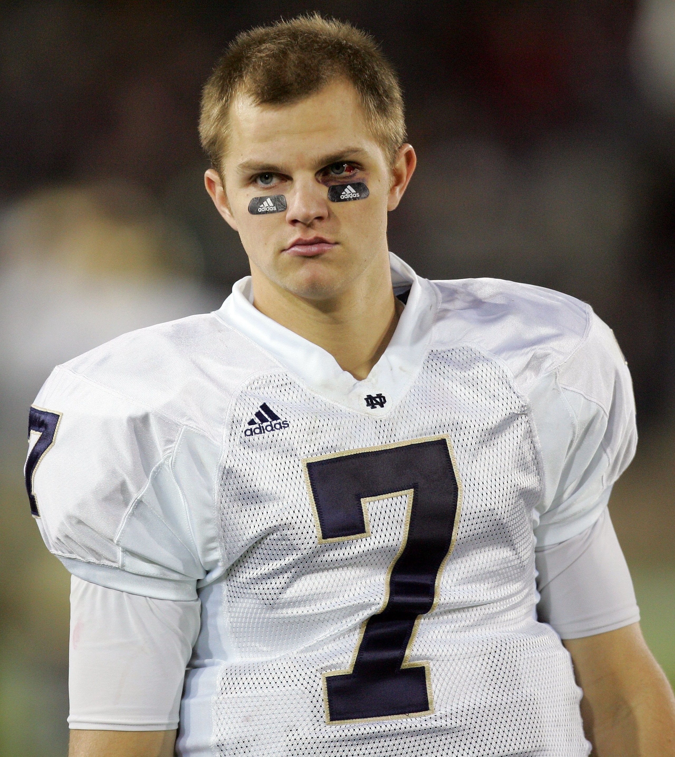 PALO ALTO, CA - NOVEMBER 28: Jimmy Clausen #7 of the Notre Dame Fighting Irish walks the sideline during their game against the Stanford Cardinal at Stanford Stadium on November 28, 2009 in Palo Alto, California. (Photo by Ezra Shaw/Getty Images) PALO ALTO, CA - NOVEMBER 28: Jimmy Clausen #7 of the Notre Dame Fighting Irish walks the sideline during their game against the Stanford Cardinal at Stanford Stadium on November 28, 2009 in Palo Alto, California. (Photo by Ezra Shaw/Getty Images)
