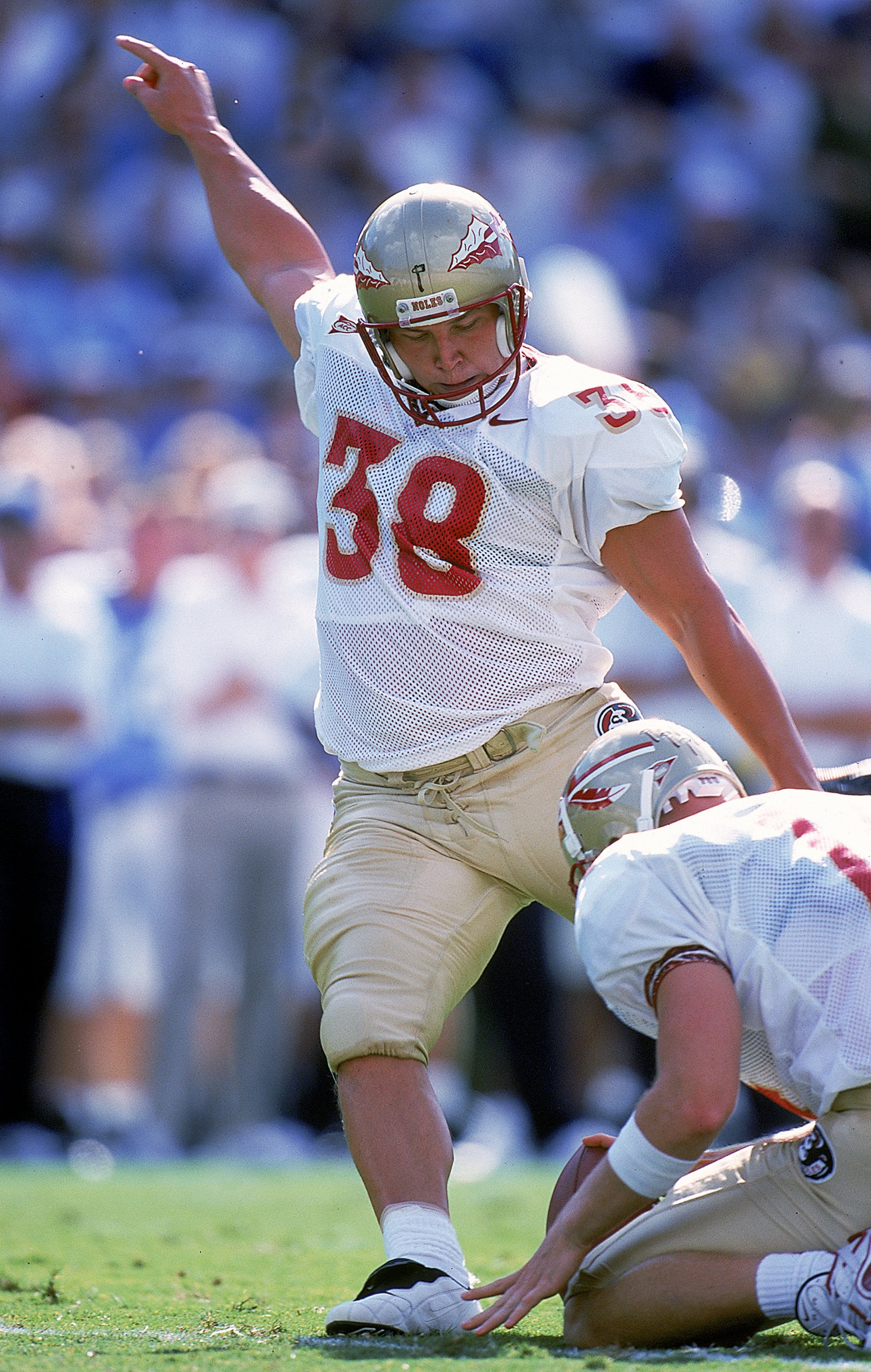 25 Sep 1999: Sebastian Janikowski #38 of the Florida State Seminoles kicks the ball during the game against the North Carolina Tar Heels at the Kenan Stadium in Chapel Hill, North Carolina. The Seminoles defeated the Tar Heels 42-10. 25 Sep 1999: Sebastian Janikowski #38 of the Florida State Seminoles kicks the ball during the game against the North Carolina Tar Heels at the Kenan Stadium in Chapel Hill, North Carolina. The Seminoles defeated the Tar Heels 42-10.