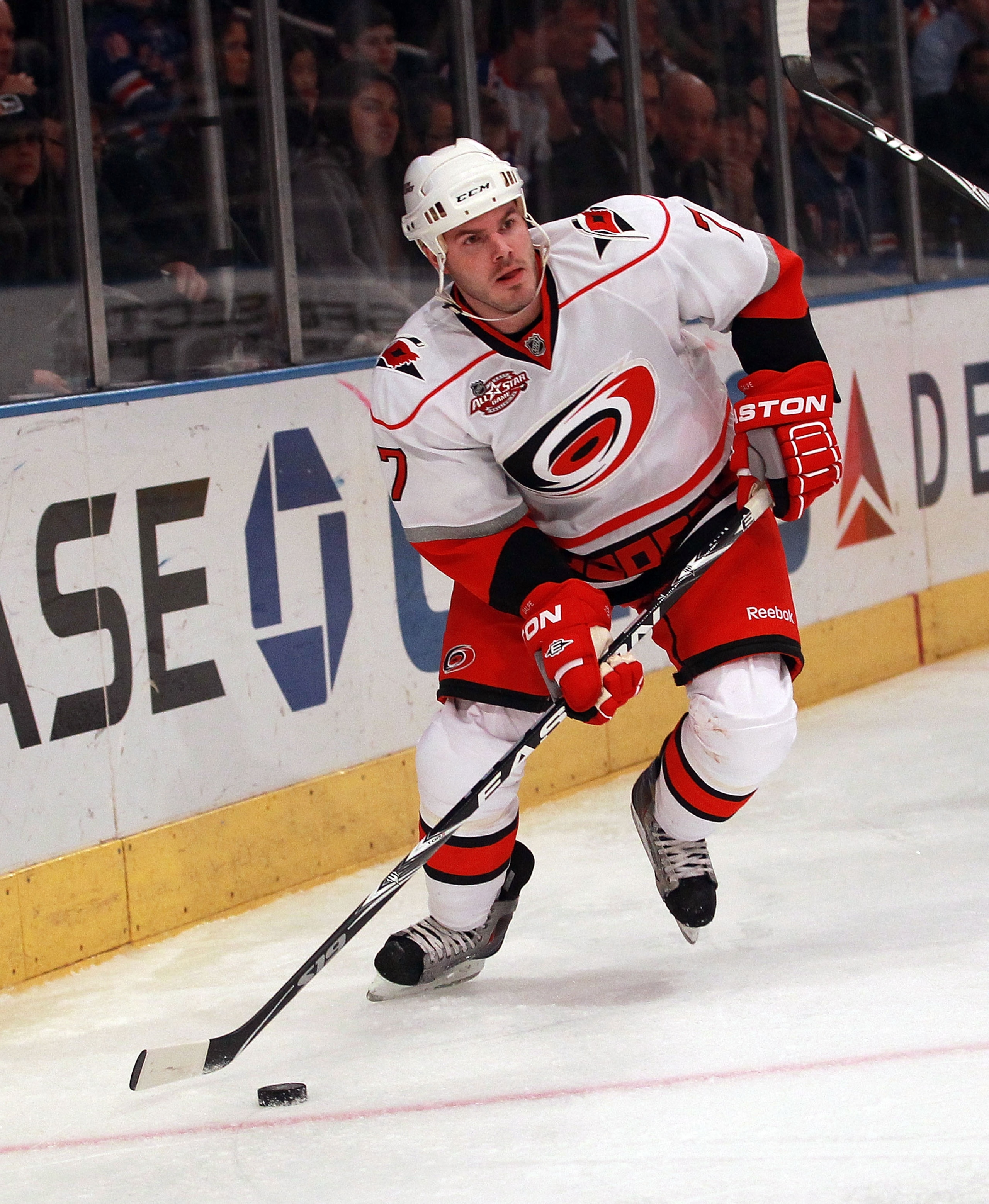 NEW YORK, NY - JANUARY 05: Ian White #7 of the Carolina Hurricanes skates against the New York Rangers at Madison Square Garden on January 5, 2011 in New York City. The Rangers defeated the Hurricanes 2-1 in overtime.  (Photo by Bruce Bennett/Getty Images