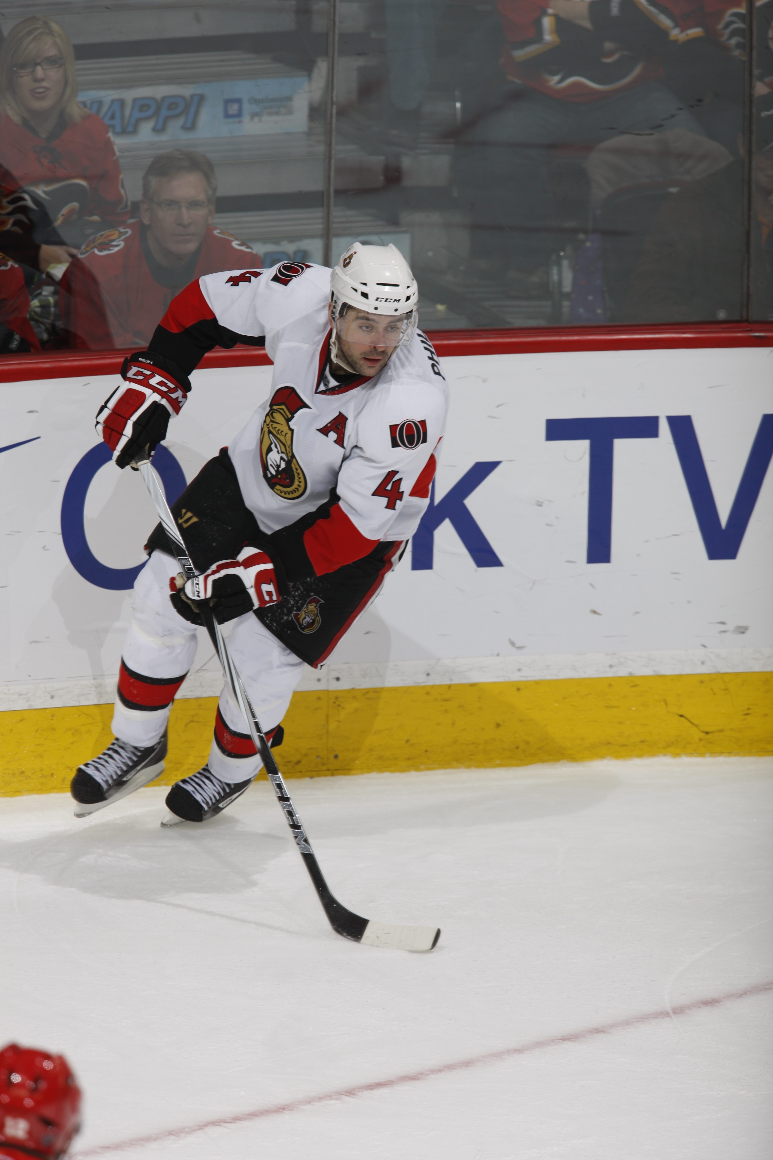 CALGARY, CANADA - FEBRUARY 9: Chris Phillips #4 of the Ottawa Senators skates against the Calgary Flames on February 9, 2011 at Scotiabank Saddledome in Calgary, Alberta, Canada. (Photo by Dale MacMillan/Getty Images)