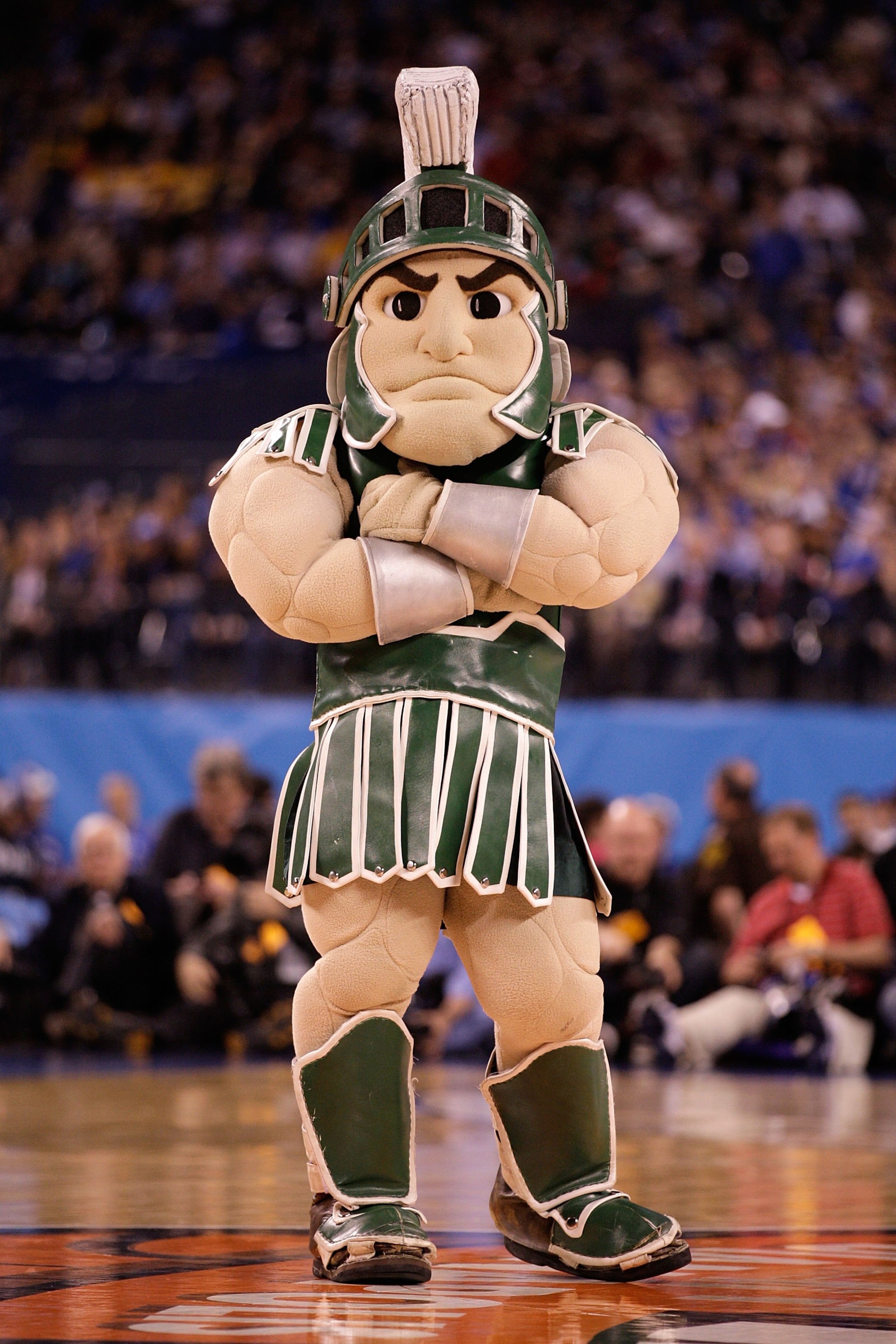 INDIANAPOLIS - APRIL 03: Sparty, the mascot of the Michigan State Spartans, performs on the court before the Spartans take on the Butler Bulldogs during the National Semifinal game of the 2010 NCAA Division I Men's Basketball Championship on April 3, 201 INDIANAPOLIS - APRIL 03: Sparty, the mascot of the Michigan State Spartans, performs on the court before the Spartans take on the Butler Bulldogs during the National Semifinal game of the 2010 NCAA Division I Men's Basketball Championship on April 3, 201