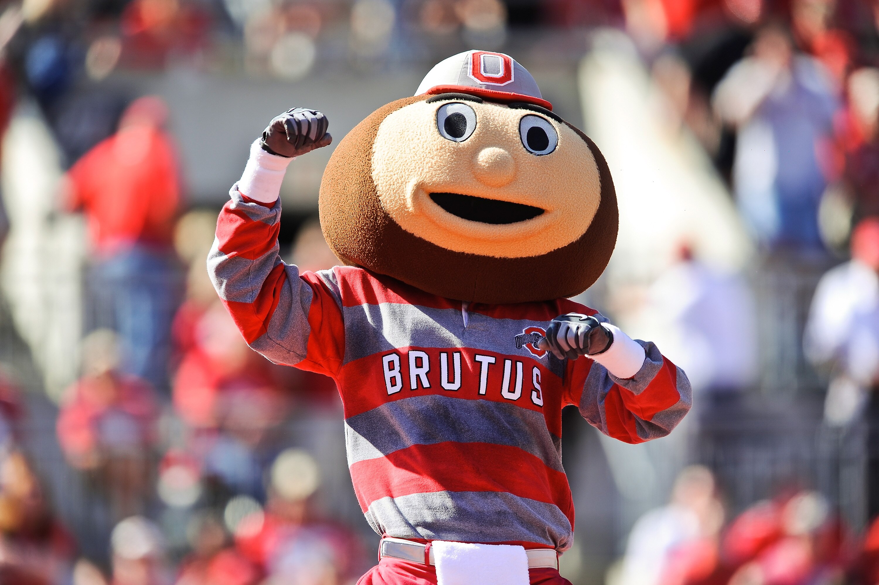 COLUMBUS, OH - OCTOBER 9:  Mascot Brutus Buckeye of the Ohio State Buckeyes cheers on the team during a game against the Indiana Hoosiers at Ohio Stadium on October 9, 2010 in Columbus, Ohio.  (Photo by Jamie Sabau/Getty Images)